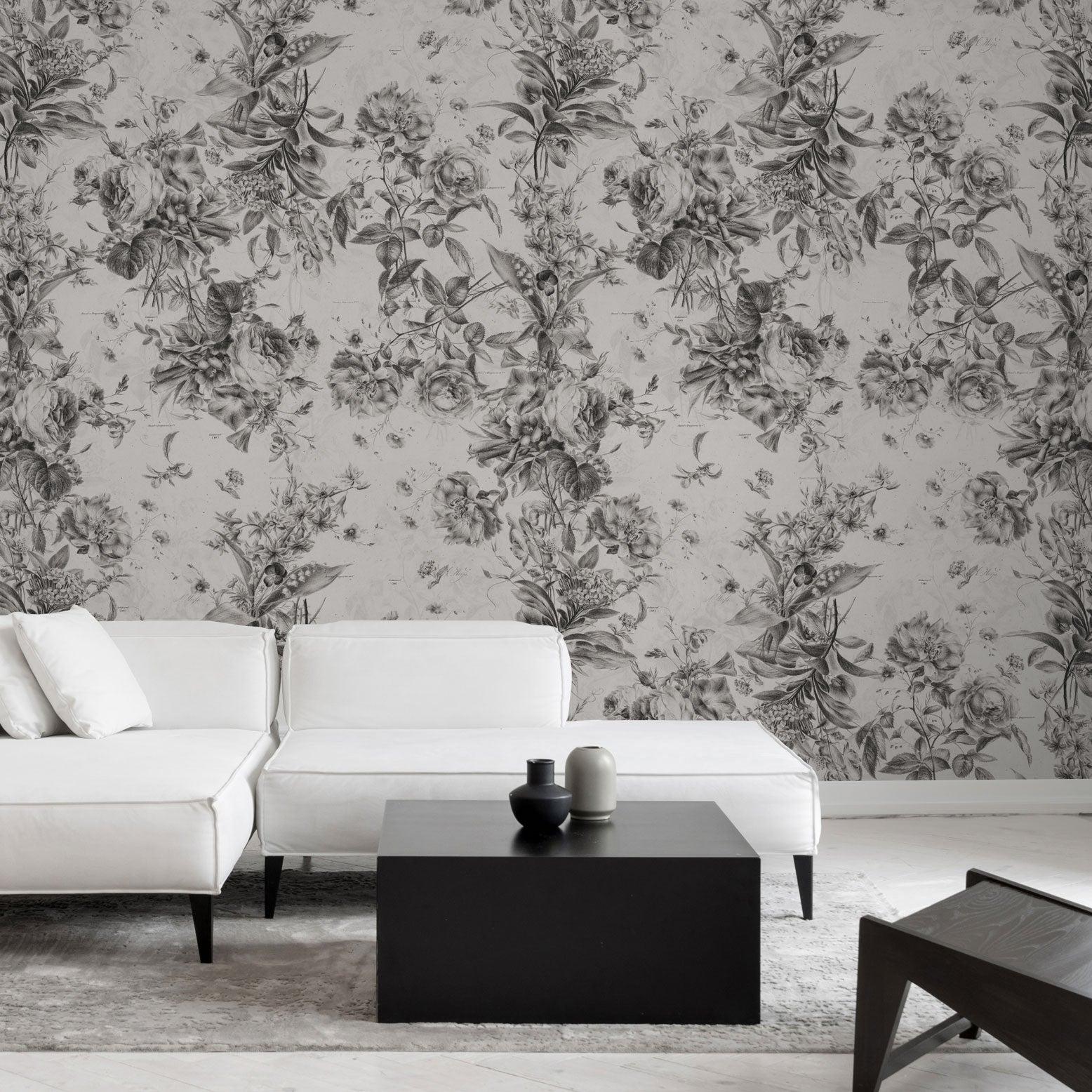 Daphne Wallpaper by Wall Blush SM01, elegant floral design in a stylish living room setting.