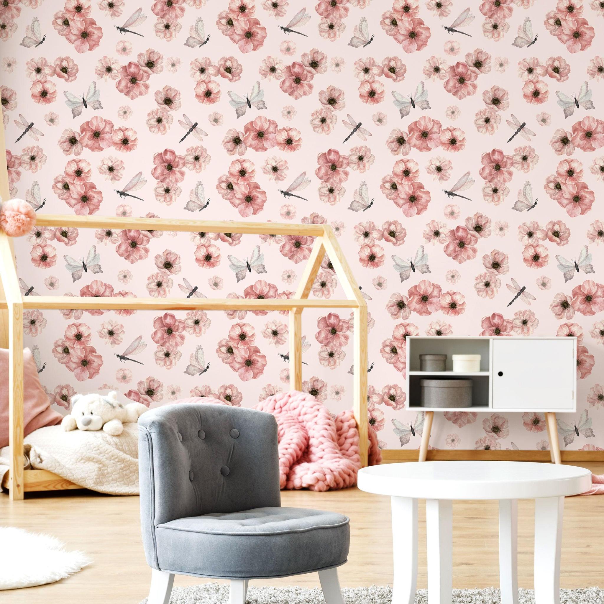 Dragonlily (Blush) Wallpaper by Wall Blush enriching a cozy kid's room, showcasing vibrant wall decor.