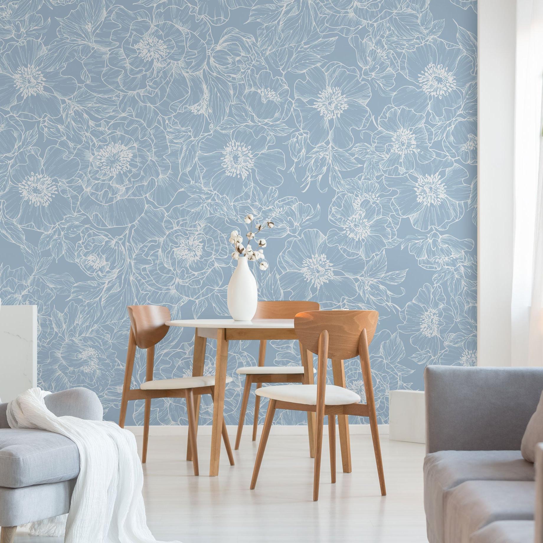 The Dutchess (Baby Blue) Wallpaper by The Ania Zwara Line in a stylish dining room, emphasizing elegant wall decor.