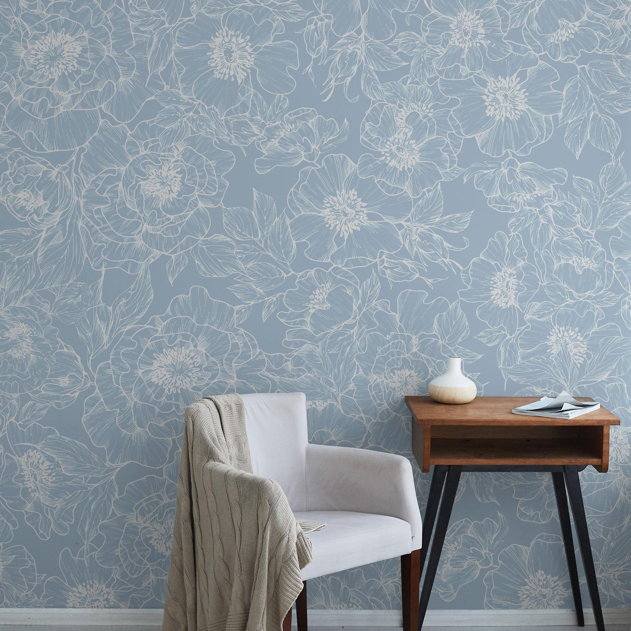 The Dutchess (Baby Blue) Wallpaper from The Ania Zwara Line featured in a modern living room setting.