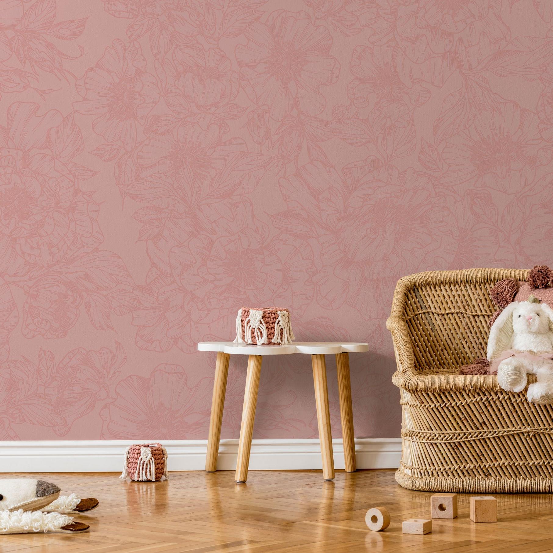 The Dutchess (Pink) Wallpaper from The Ania Zwara Line in a cozy children's room with floral patterns.