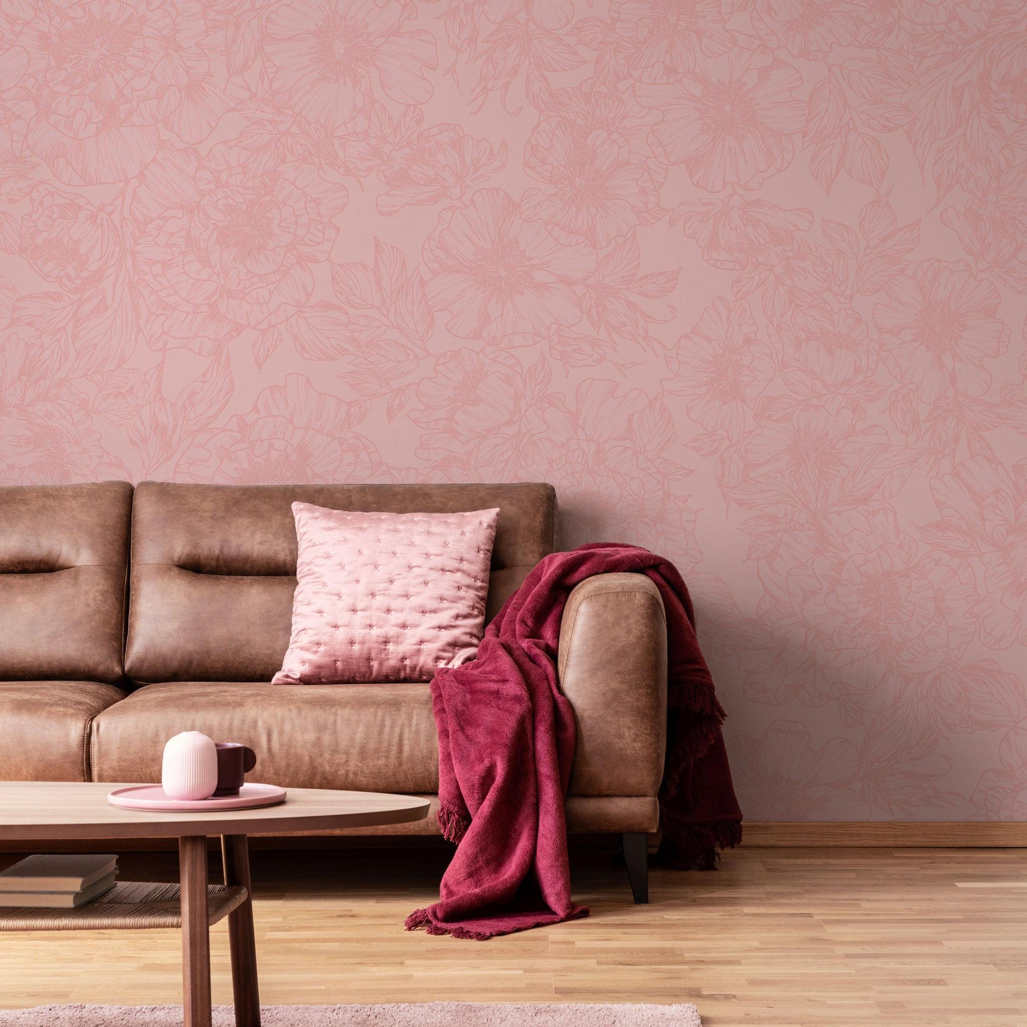 The Dutchess (Pink) Wallpaper by The Ania Zwara Line in a cozy living room setting.