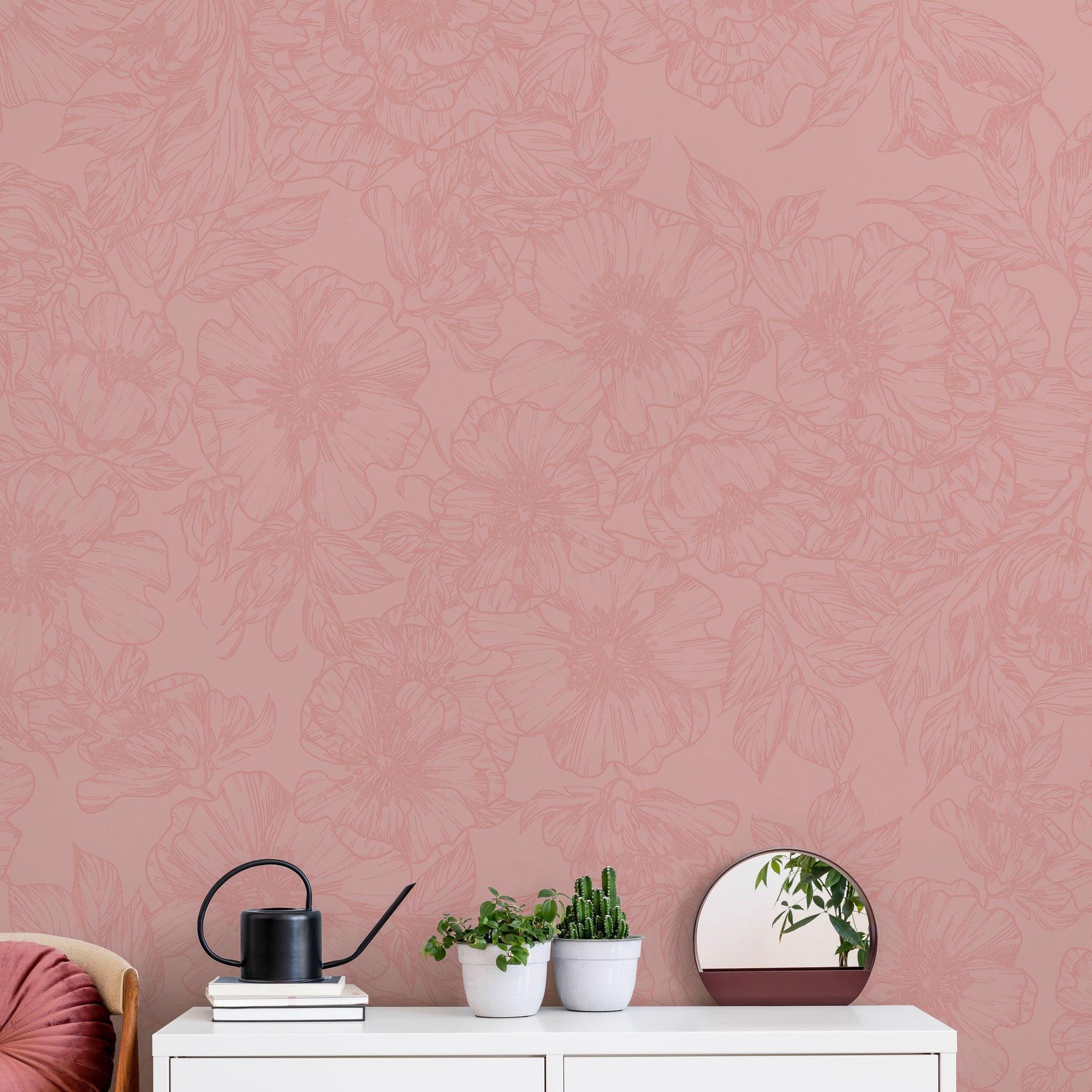 The Dutchess (Pink) Wallpaper by The Ania Zwara Line in an elegantly decorated living room with floral pattern focus.