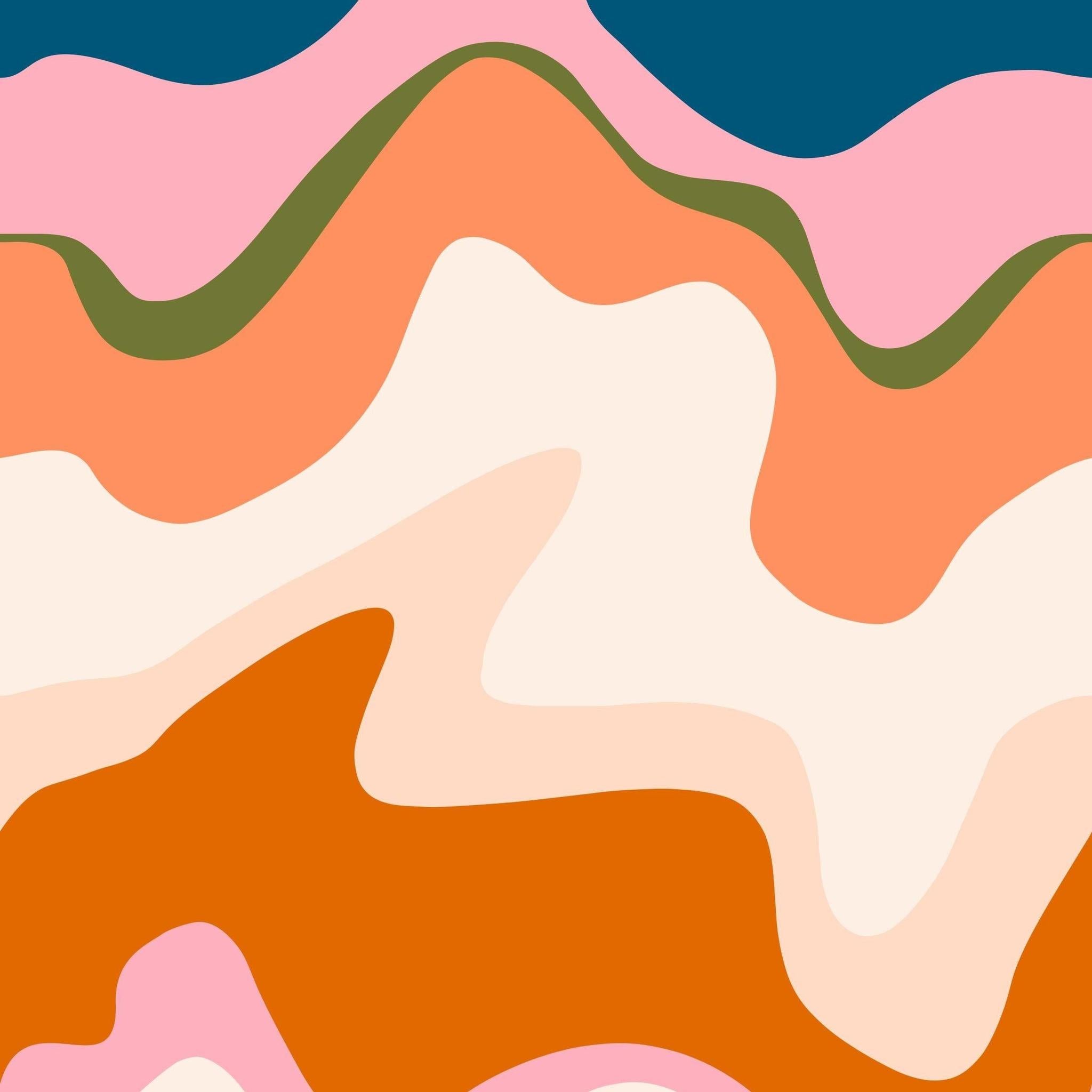 Echo Wallpaper by The Stefanie Bloom Line with colorful wavy pattern in modern living room setting.