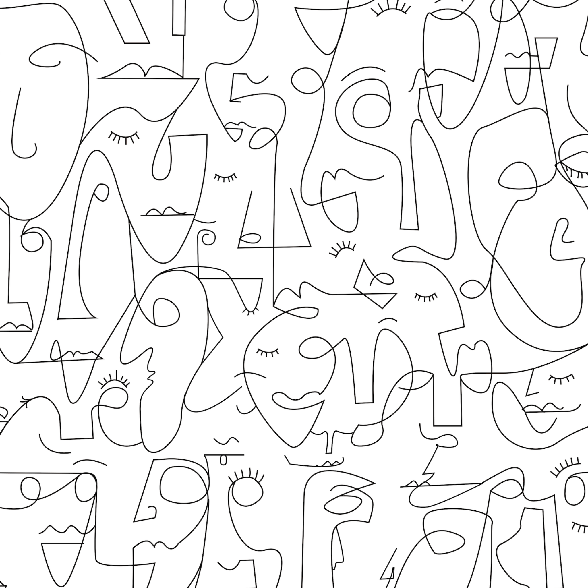 "Face IT Wallpaper by Wall Blush in a modern minimalist bedroom, abstract faces design."