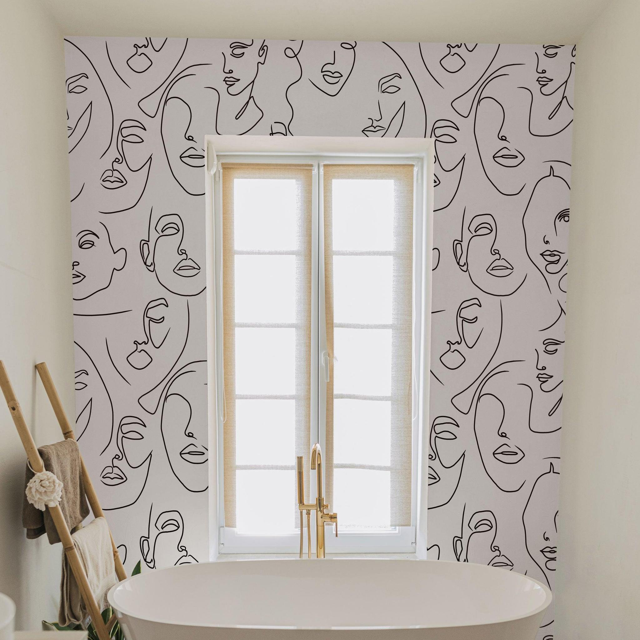Bella Donna wallpaper by Wall Blush AW01 in stylish bathroom, accenting serene space with artistic design.
