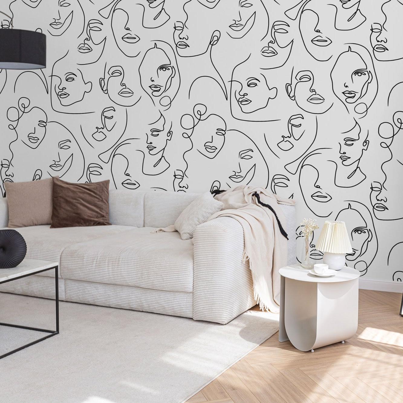 Bella Donna wallpaper by Wall Blush AW01 in a stylish living room, highlighting contemporary wall decor.