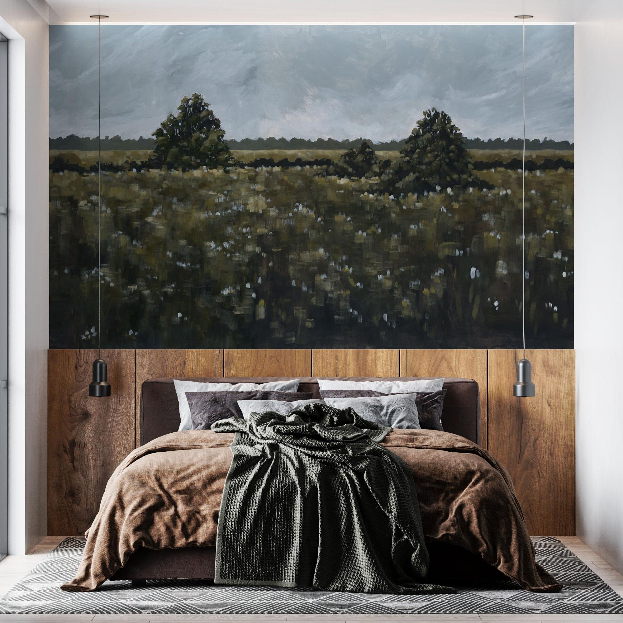 Field of Dreams Wallpaper by The David Brazier Line in a modern bedroom with artistic landscape focus.