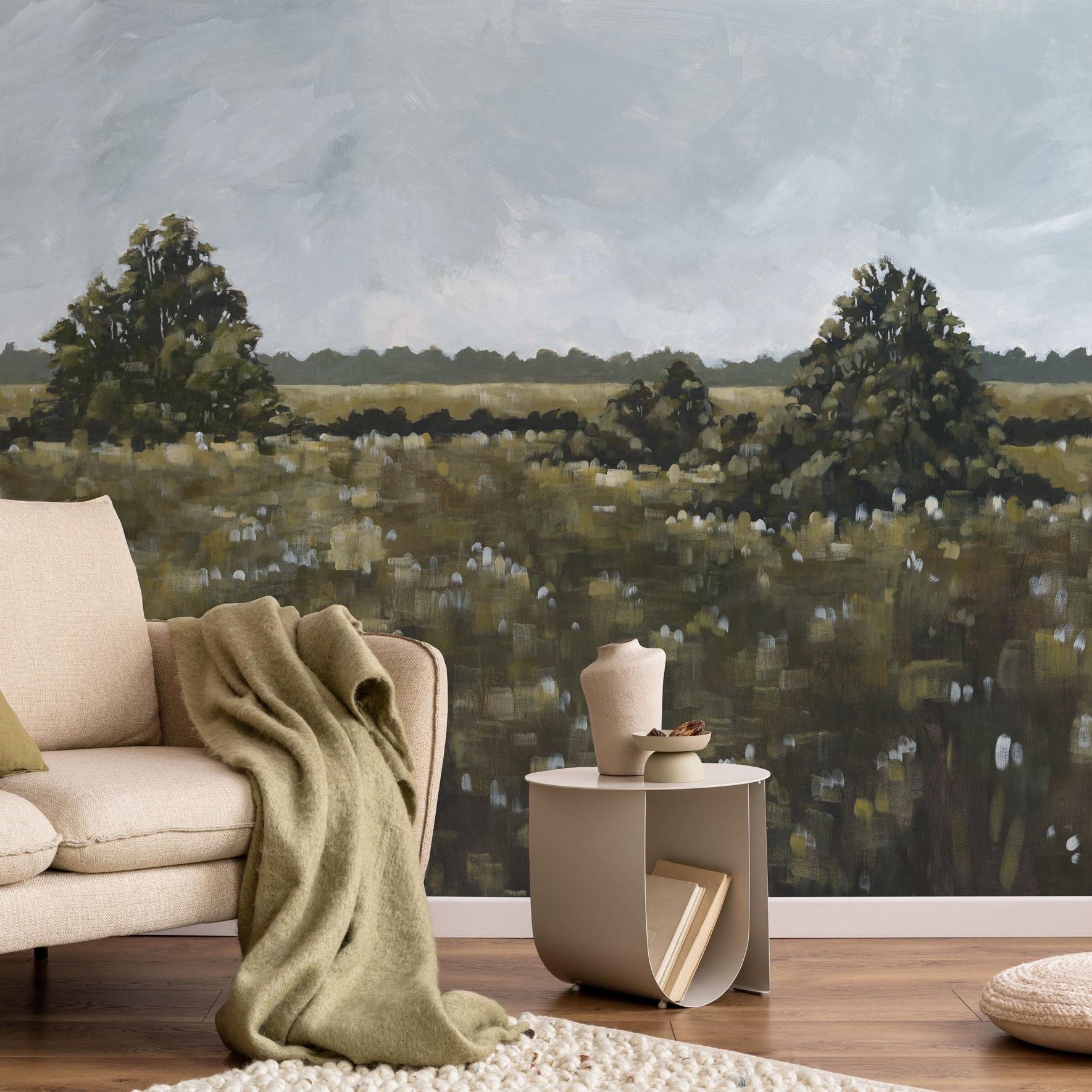 Field of Dreams Wallpaper by The David Brazier Line in stylish living room, showcasing nature-inspired design.