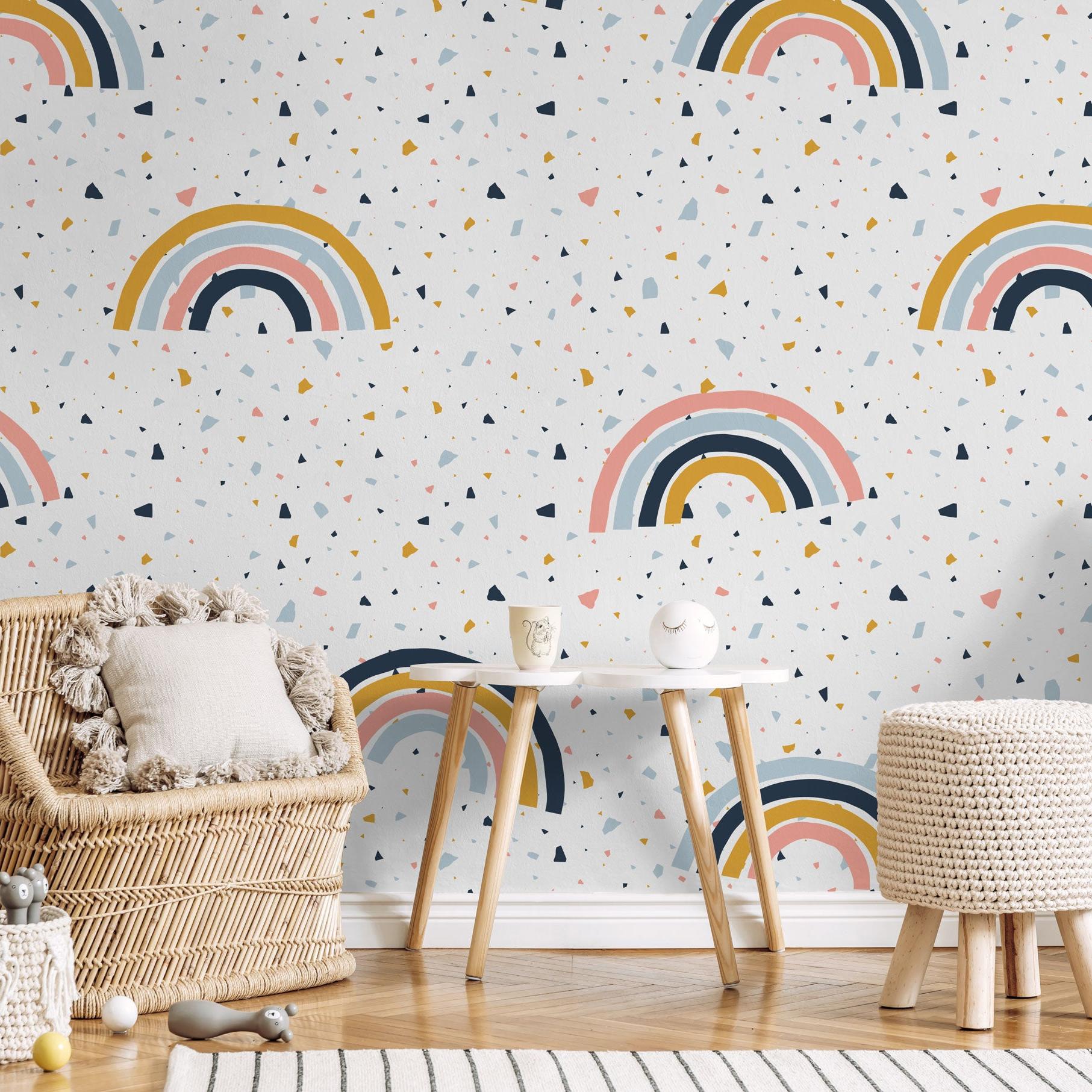 Child's room featuring colorful Funfetti Wallpaper by Wall Blush with whimsical decor accents.