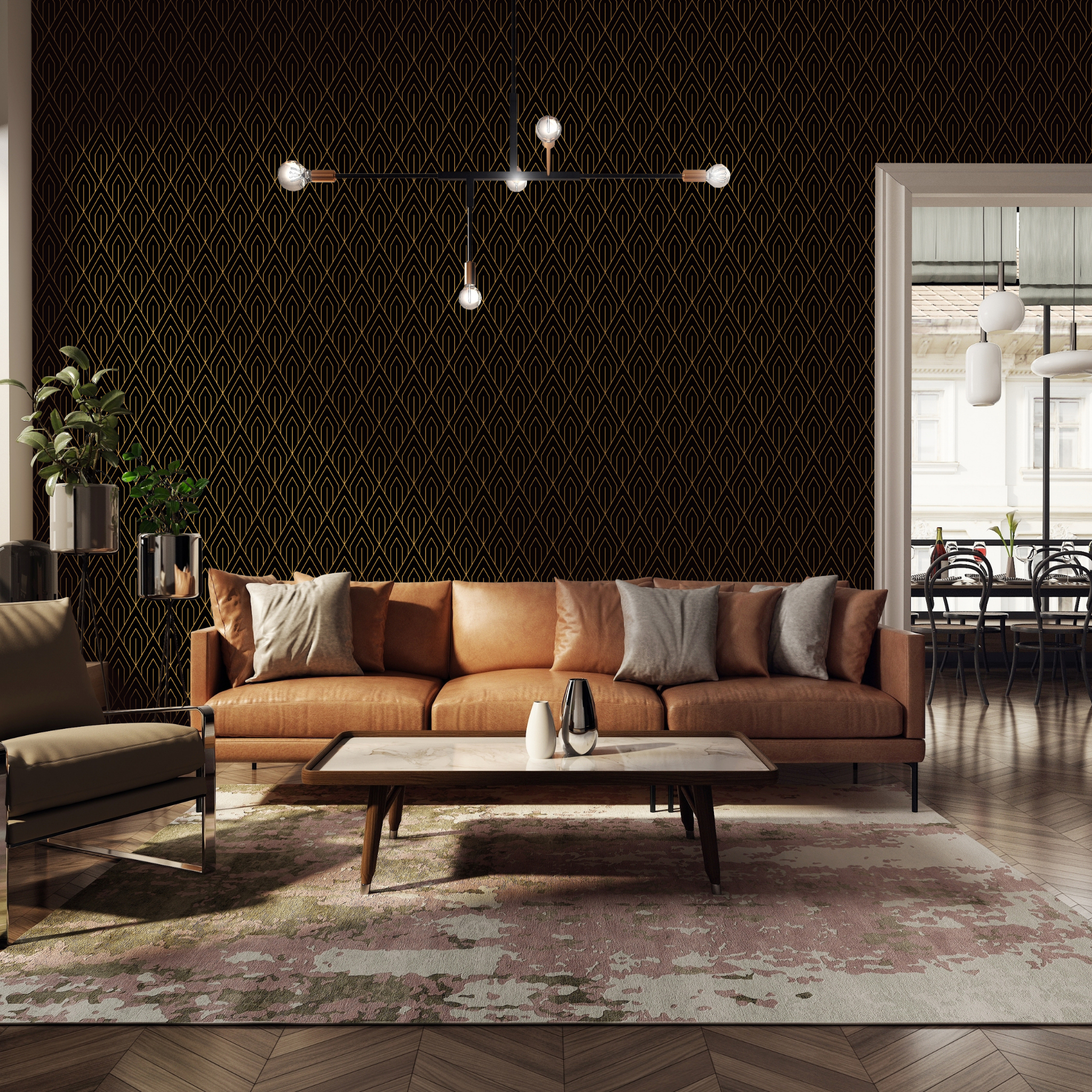 "Elegant living room featuring Wall Blush's Gatsby Wallpaper, with a focus on its luxurious texture and design."