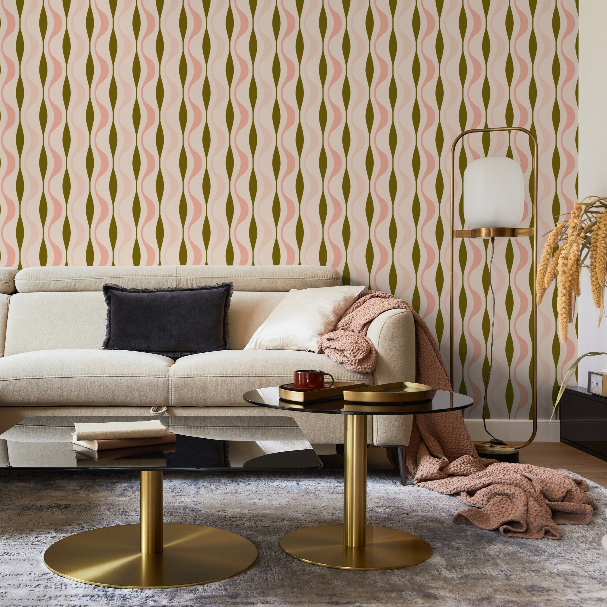 "Girl World Wallpaper by Wall Blush in stylish living room, showcasing vibrant patterned wall decor."