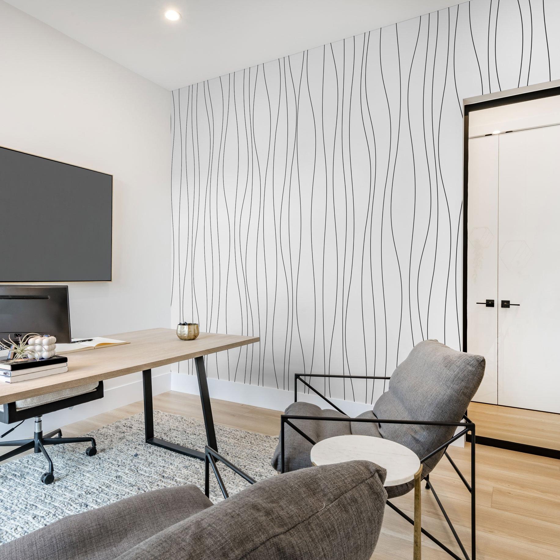 Modern home office with High Glades Wallpaper by Wall Blush, emphasizing elegant wall decor.