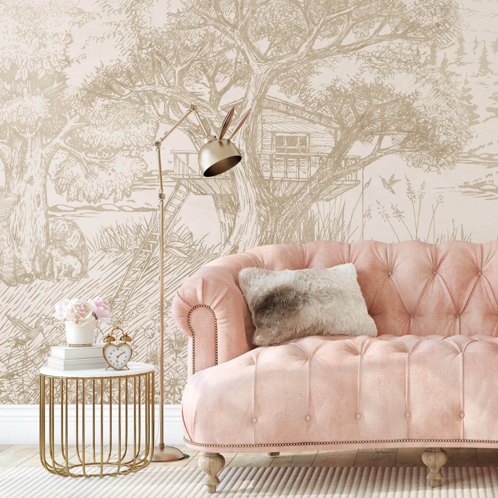 "Elegant living room featuring 'Huck & Finn Wallpaper' by Wall Blush with a focus on the detailed wall design."