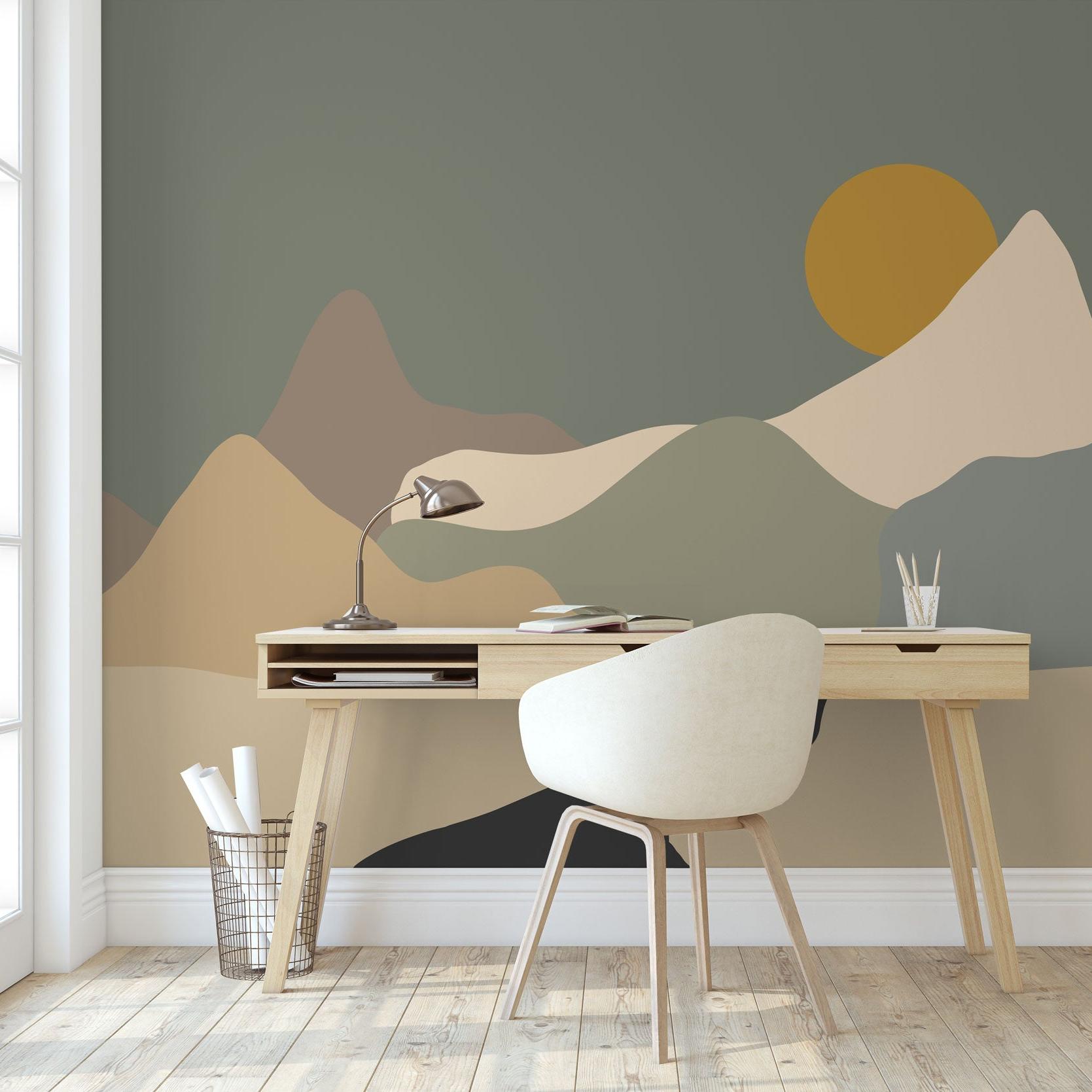Wall Blush Journey Wallpaper in a modern home office, abstract mountain design as focal point.