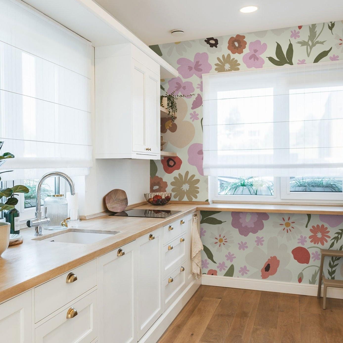 Wall Blush SG02's Hadley Wallpaper in a bright kitchen, showcasing colorful floral patterns as the focal point.