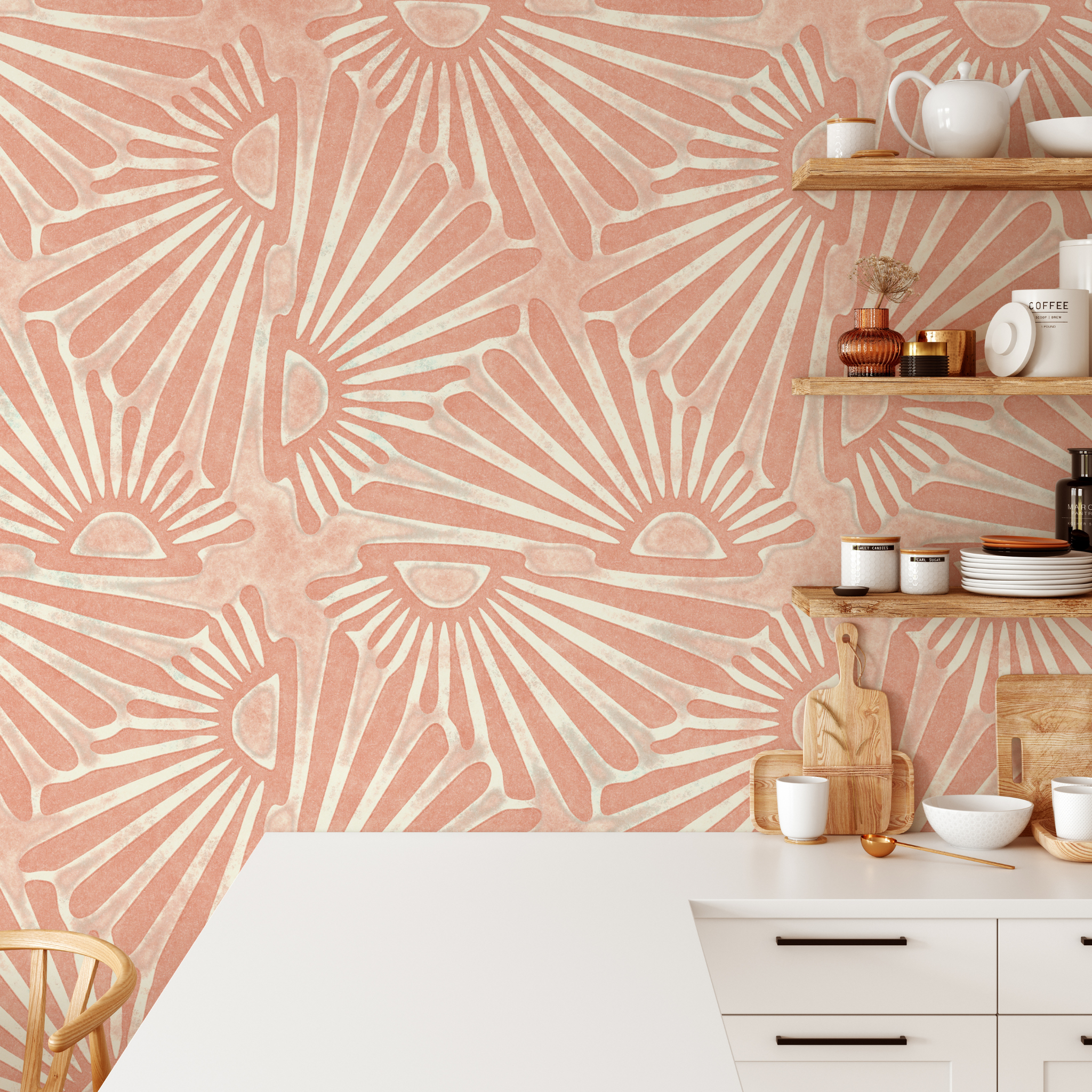 "Lena Wallpaper by Wall Blush in a warm, stylish kitchen, highlighting the pattern's impact as the focal decor."