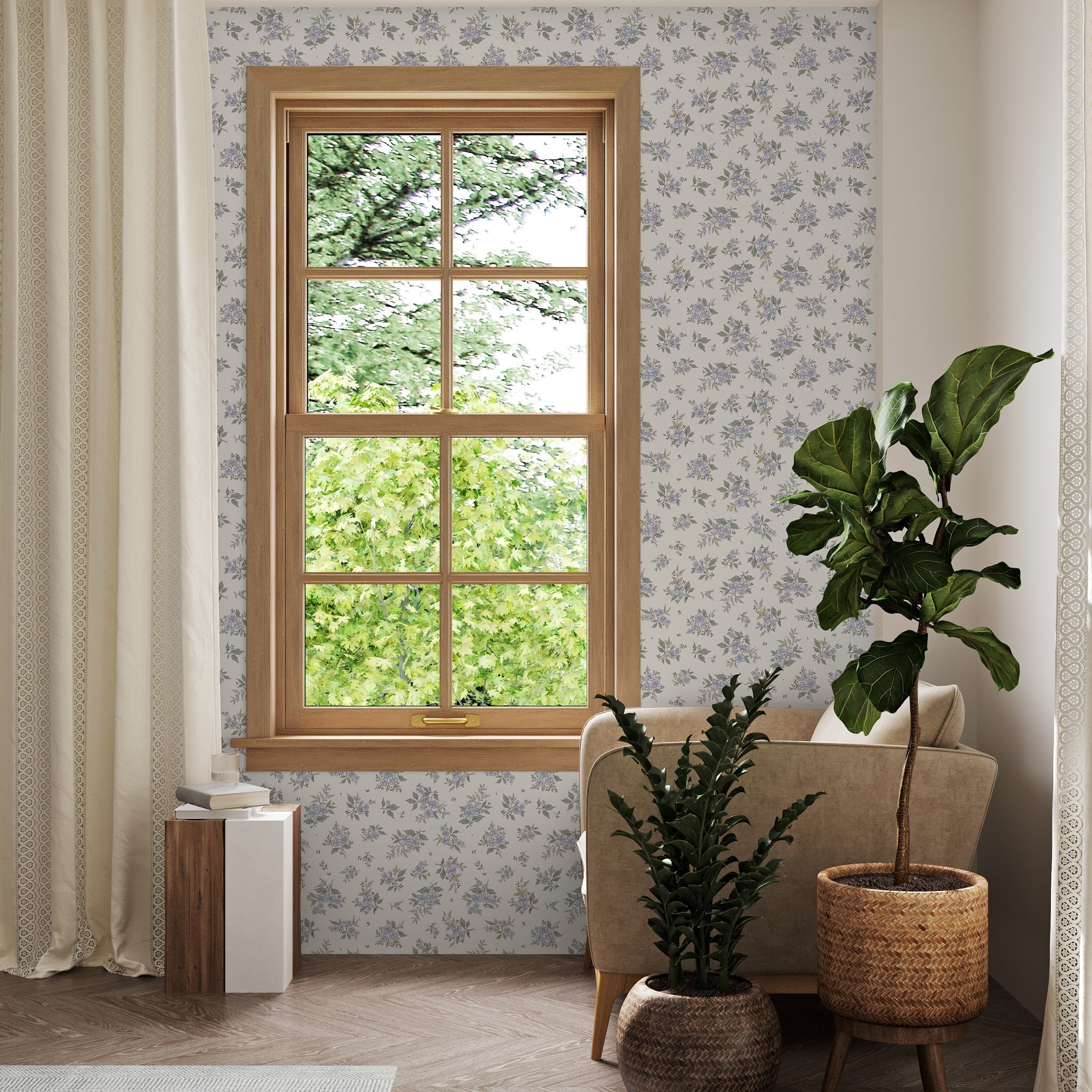 "Little Miss Wallpaper from Wall Blush in a cozy living room with stylish floral patterns."