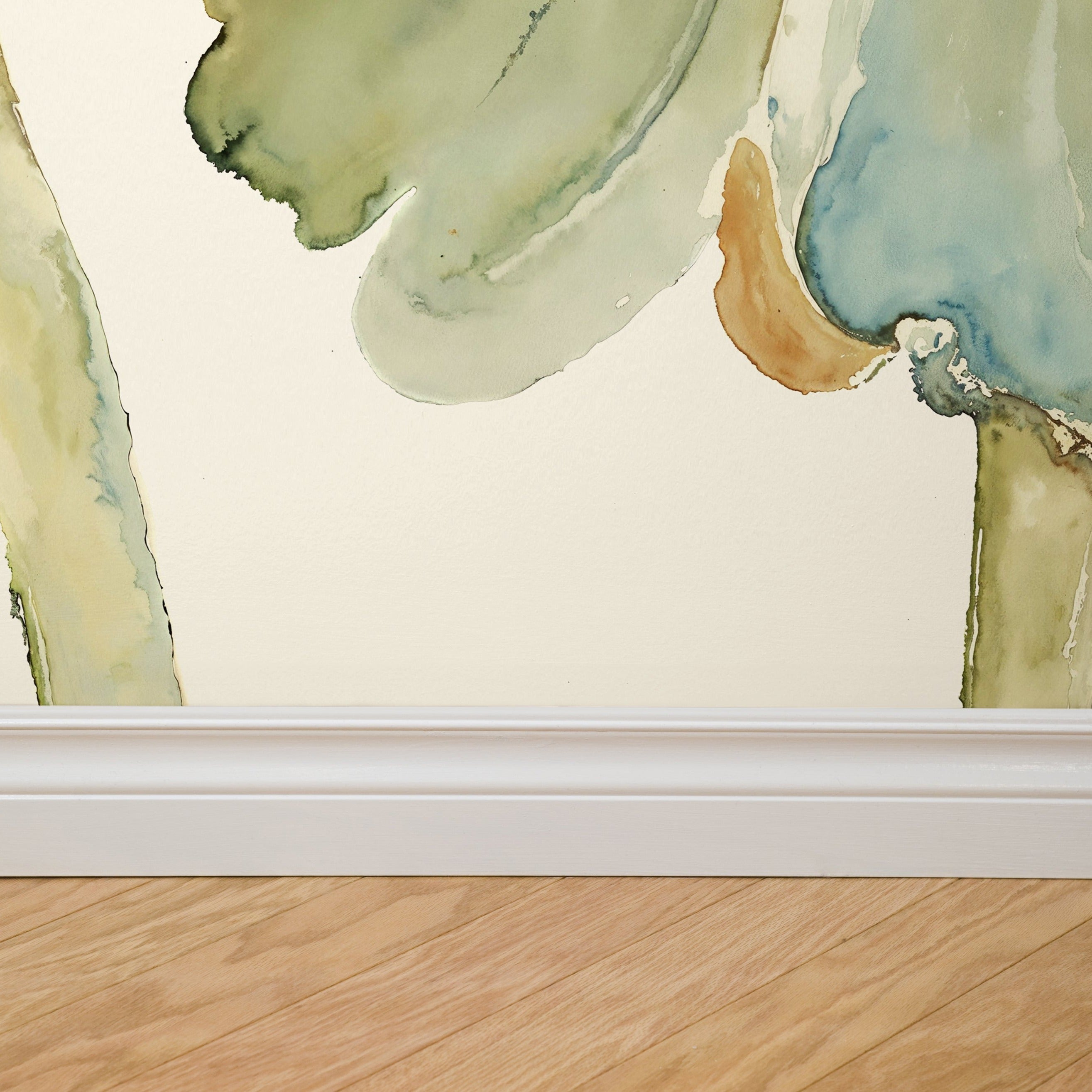 "Meadow Whispers (Cream) Wallpaper by Wall Blush on living room wall, detailed watercolor design focus."
