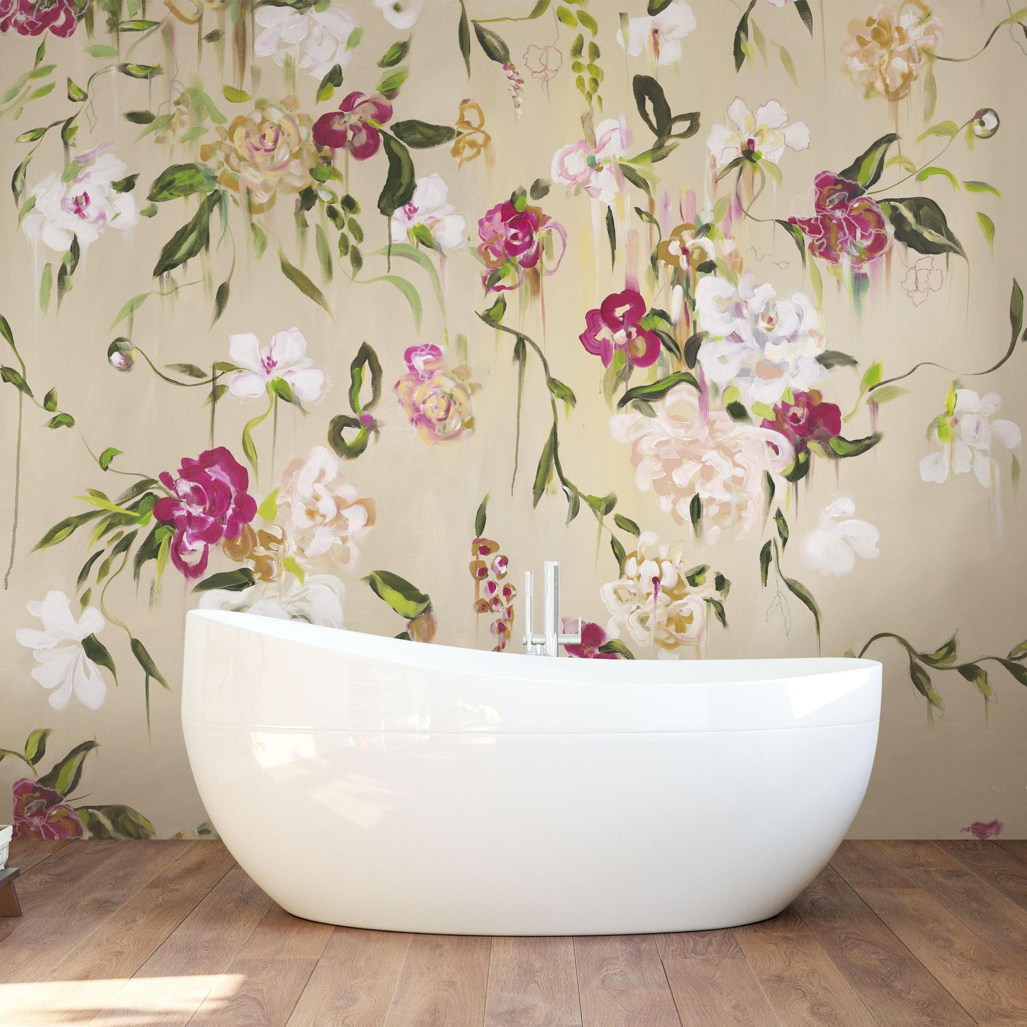 Mariposa Wallpaper by The Katie Small Line in a modern bathroom, showcasing vibrant floral design on walls.