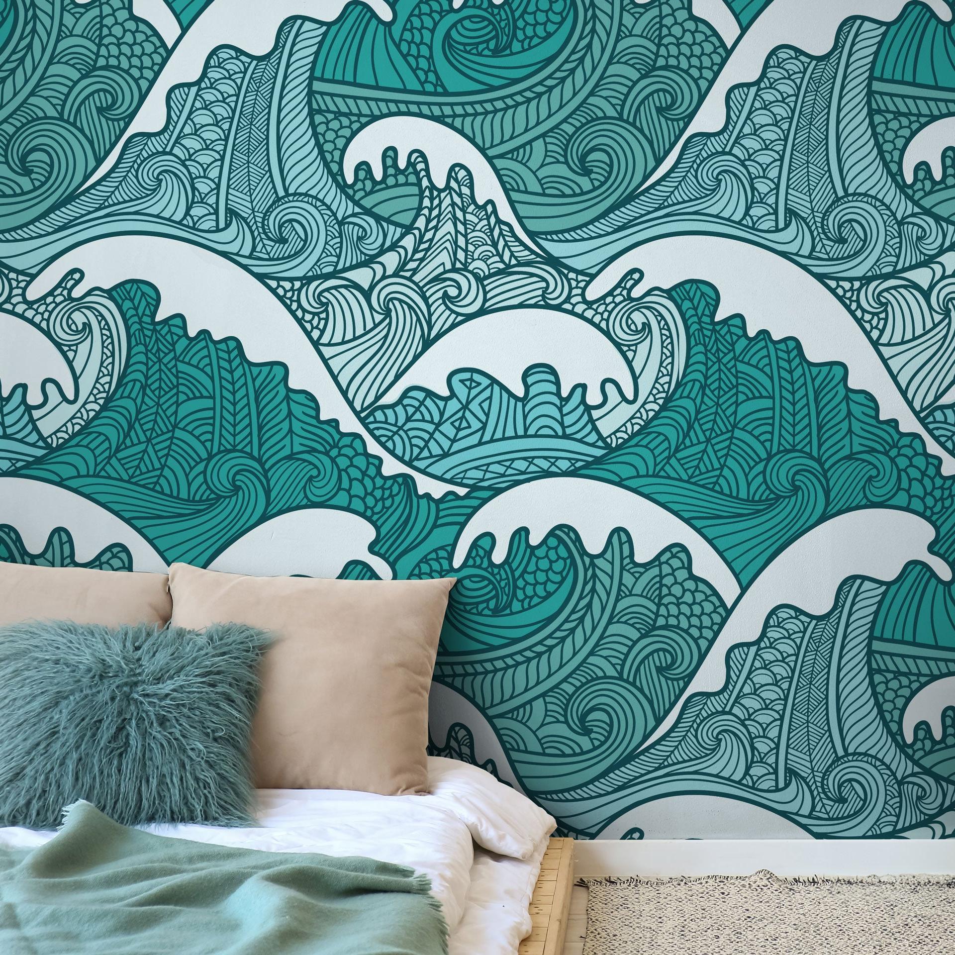 Maui Wallpaper from Wall Blush showcasing vibrant patterns in a modern bedroom setting, focusing on the detailed design.