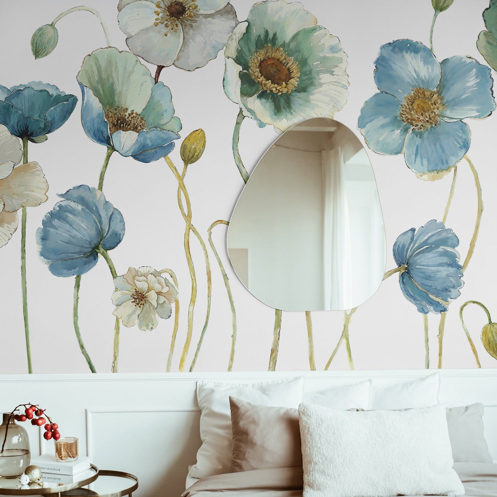 Alt: "Elegant living room featuring Wall Blush's 'Meadow Whispers (White)' wallpaper with a floral design focus."