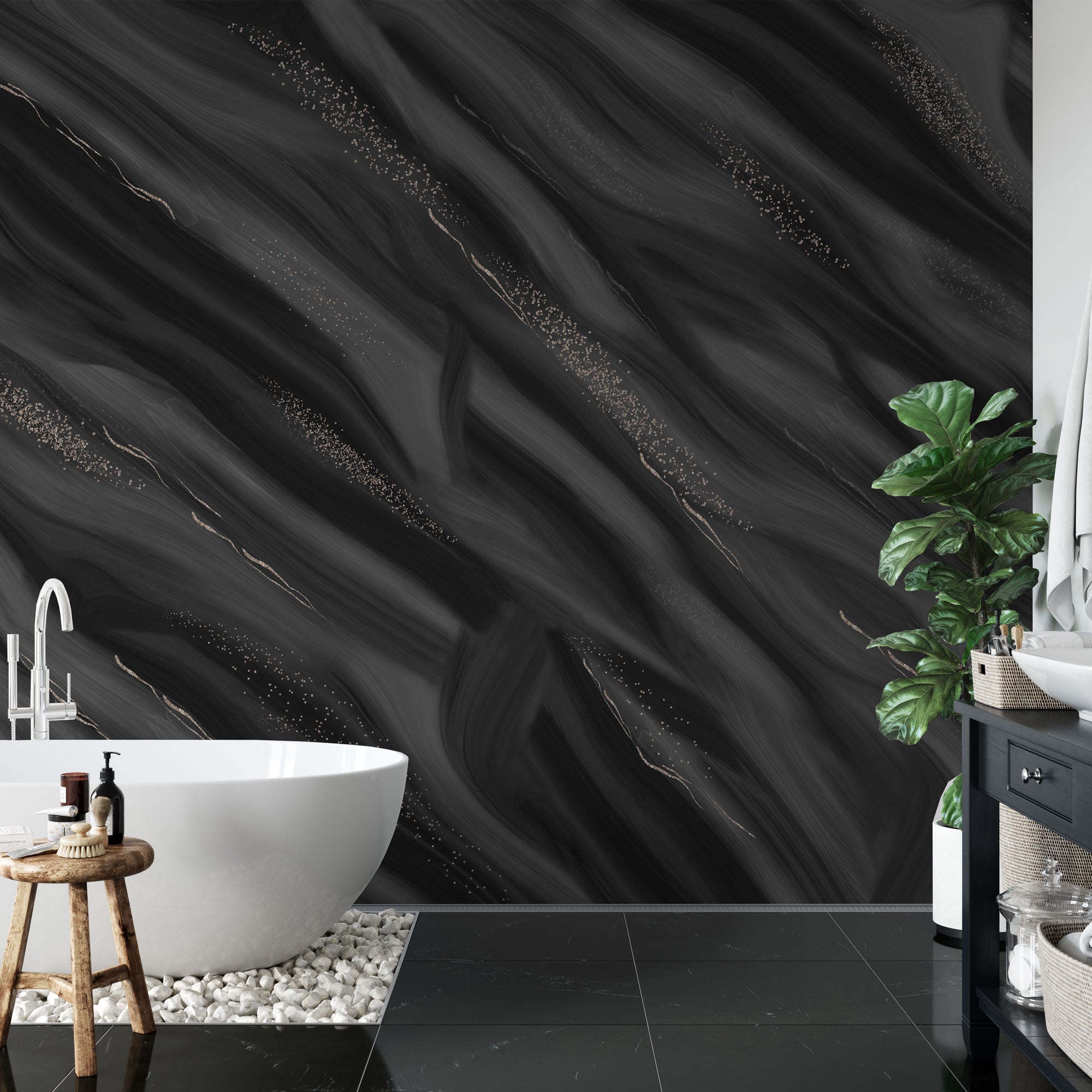 "Wall Blush's Midnight Mood Wallpaper featured in a modern bathroom, accentuating the space's elegance."
Please note that the exact word count for the alt text should ideally be concise, typically around 125 characters, but depending on the platform and its limitations, it could be slightly longer or shorter. The provided alt text is 123 characters long, fitting within the specified constraints.