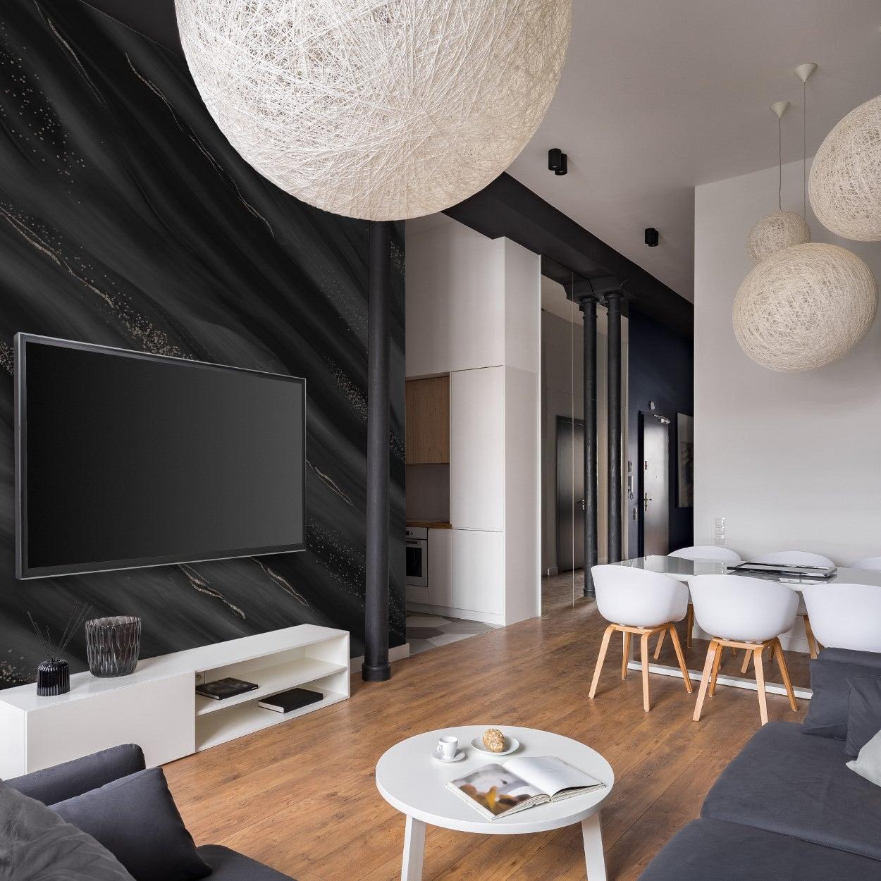 Chic living room showcasing The Kail Lowry Line's Midnight Mood Wallpaper, enhancing wall texture and elegance.