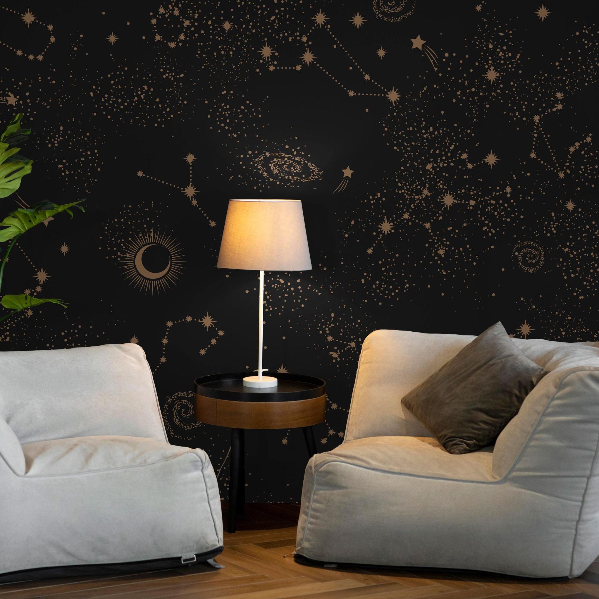 Styling a lounge with The Kail Lowry Line's Milky Way Wallpaper, celestial design focus.