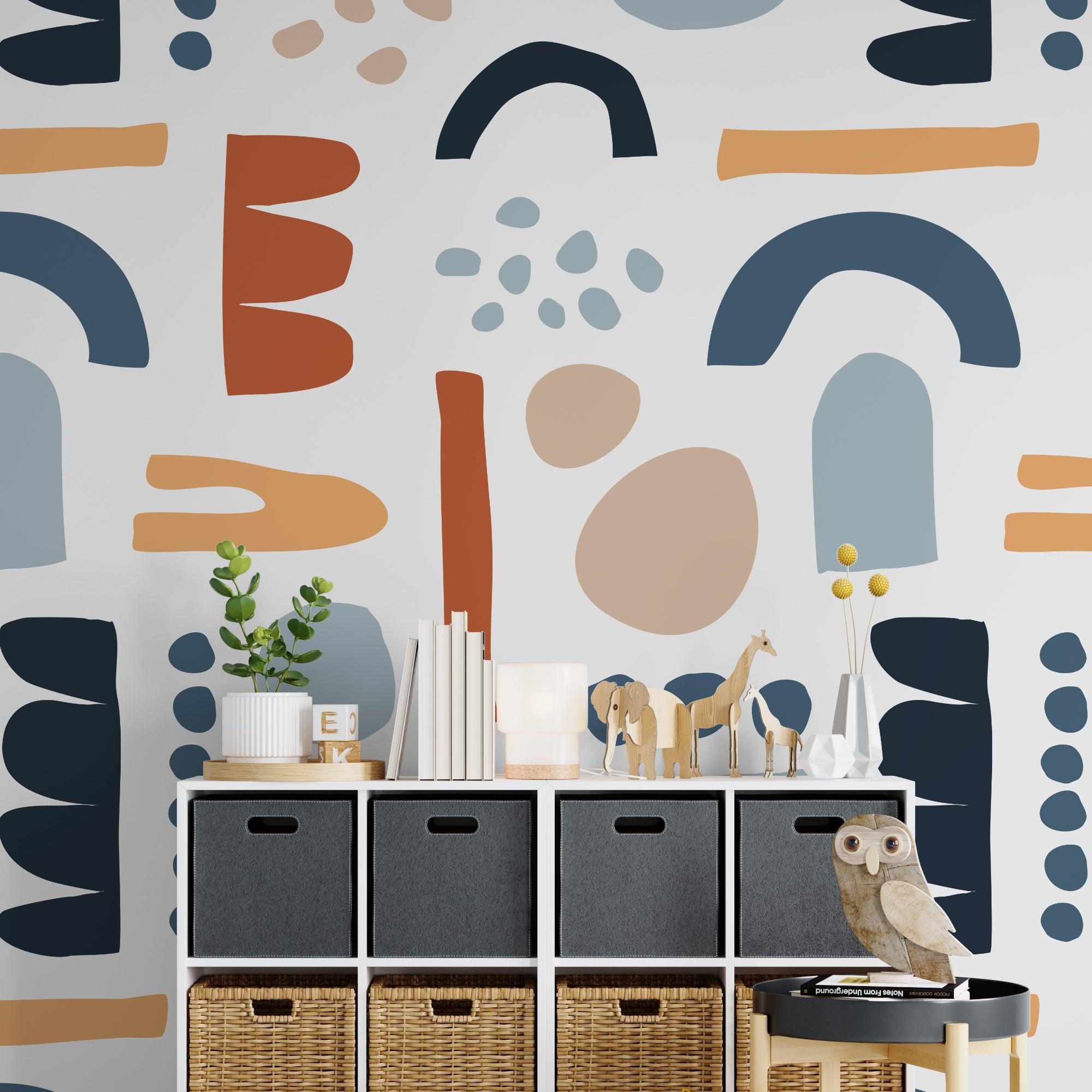 Milo Wallpaper by Wall Blush SG02 in a modern kids' room, with a focus on the colorful abstract-patterned wall.