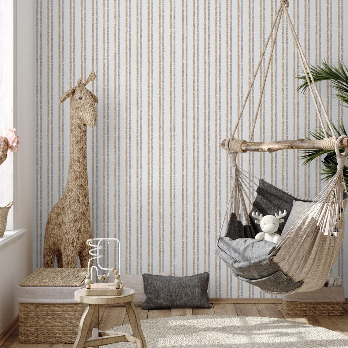 Monroe patterned Wall Blush AW01 wallpaper in a cozy children's room with modern decor and hanging chair.