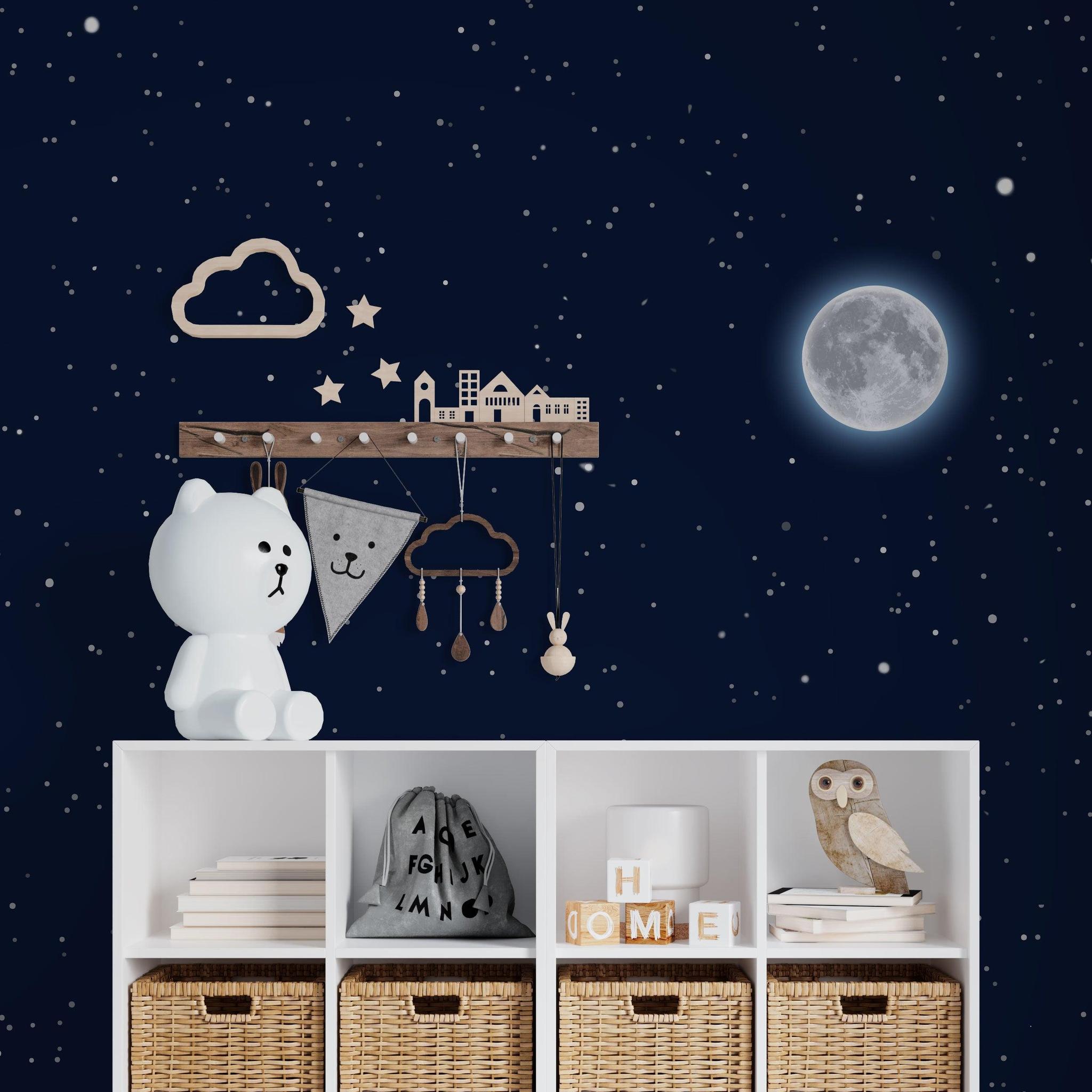 Moonlight Wallpaper by Wall Blush featured in a stylish nursery, highlighting the enchanting, starry night design.
