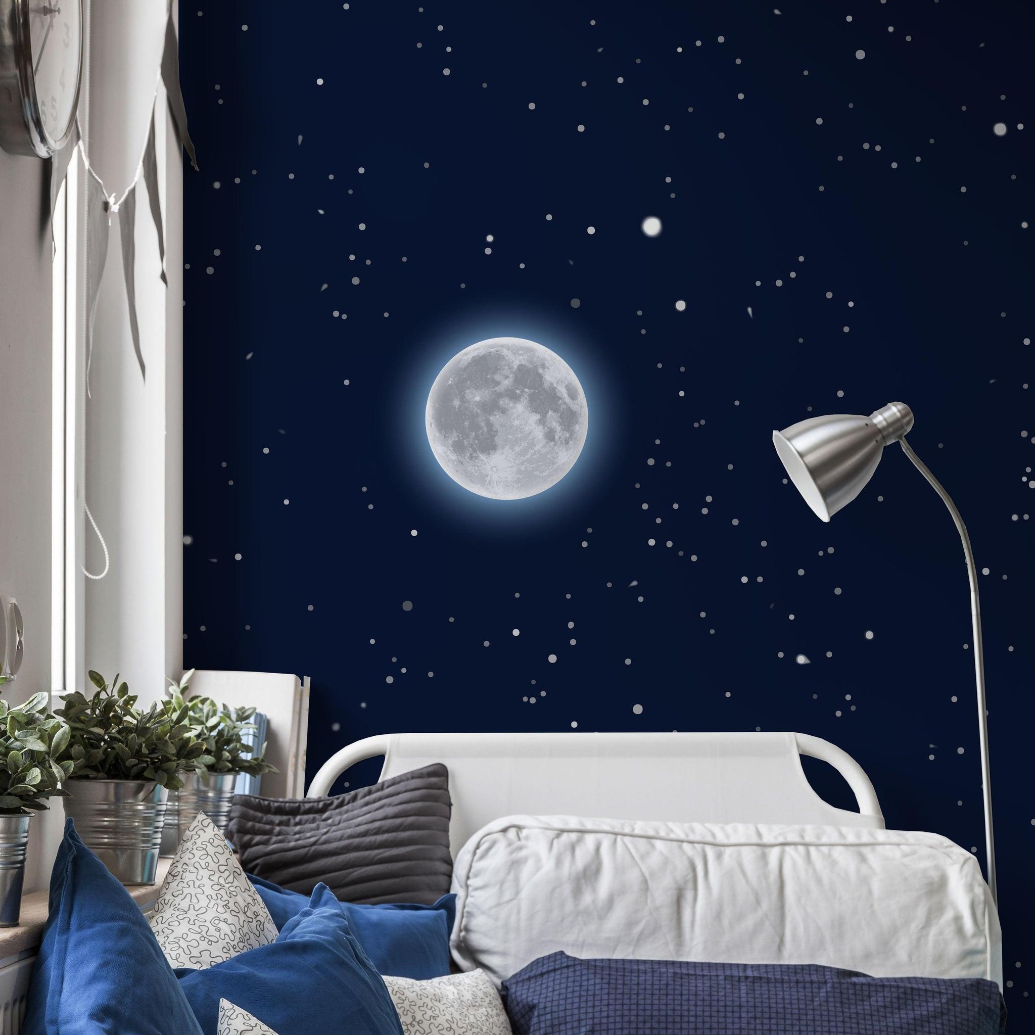 Moonlight Wallpaper by Wall Blush in a cozy bedroom setting with starry night theme.