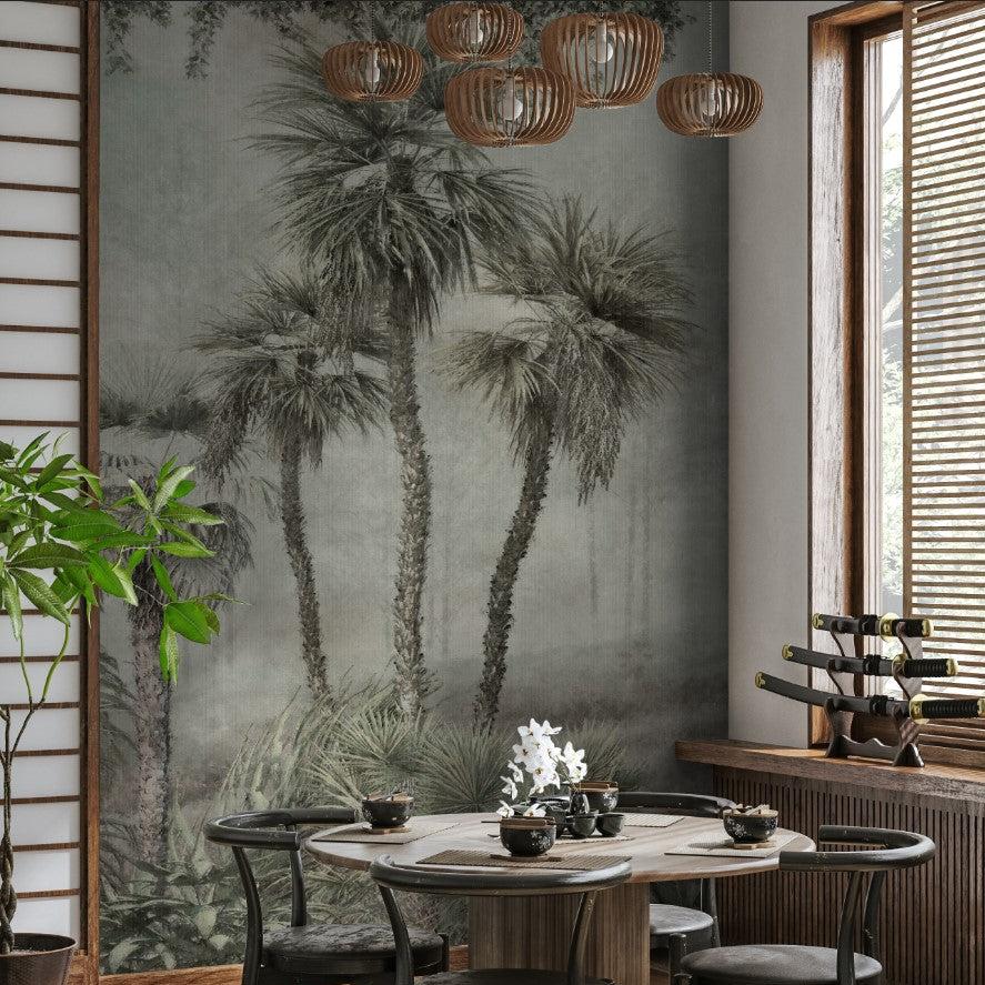 Dining room featuring Wall Blush's Mowgli Wallpaper with palm design, highlighting the wallpaper's artistic detail.
