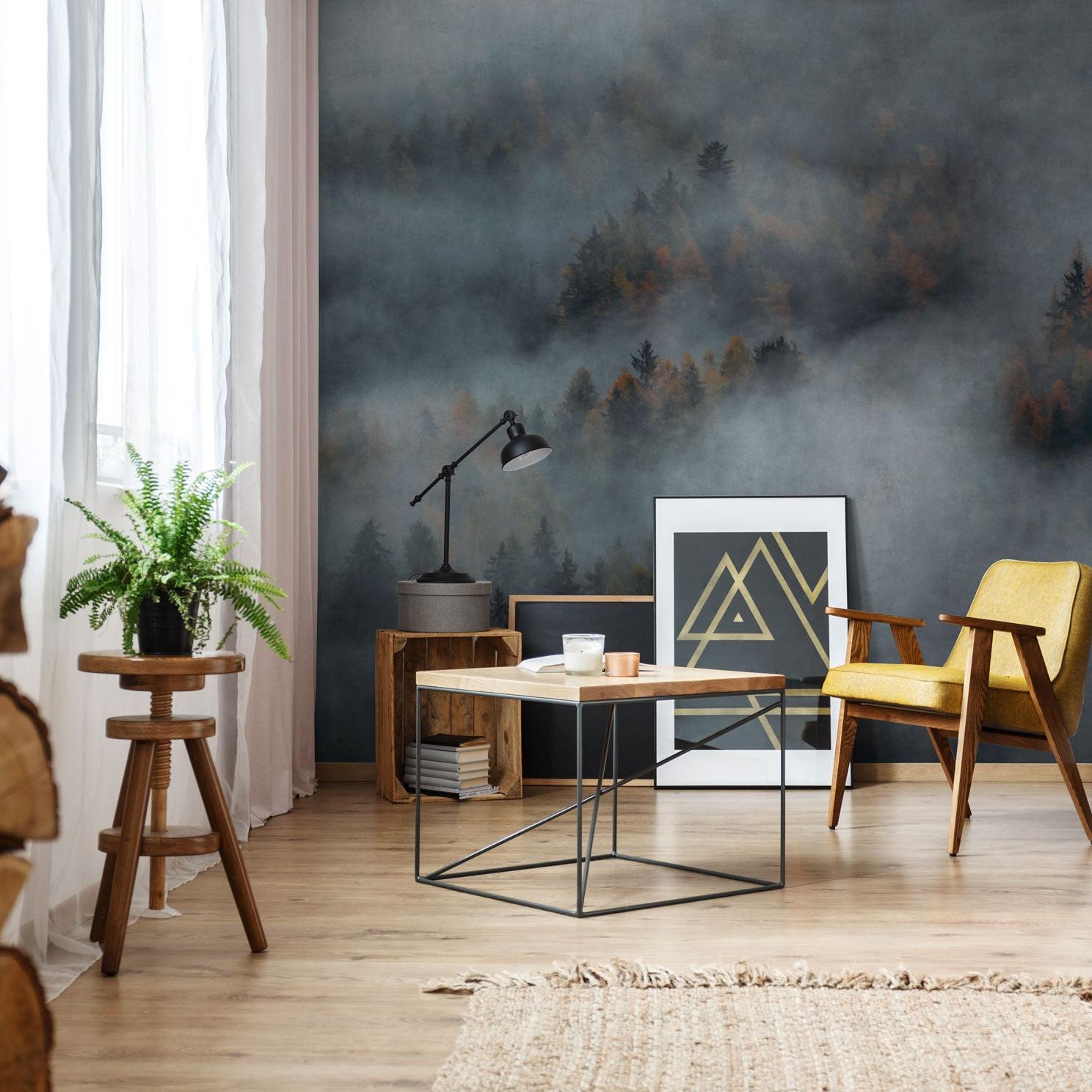 Mystic Wallpaper by Wall Blush SG02 installed in a cozy living room, with emphasis on elegant wall design.