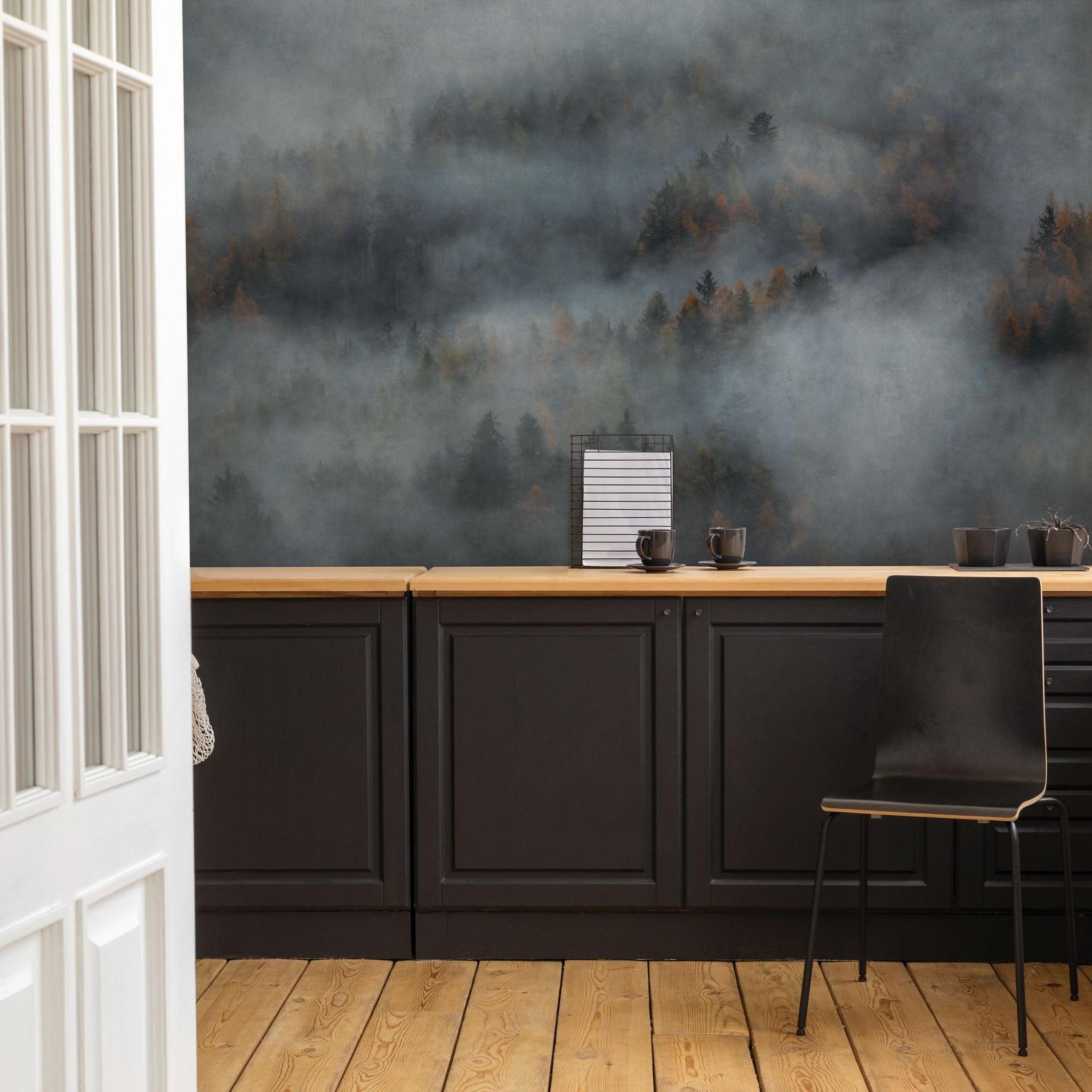 Mystic Wallpaper by Wall Blush SG02, enchanting forest design in a cozy kitchen interior