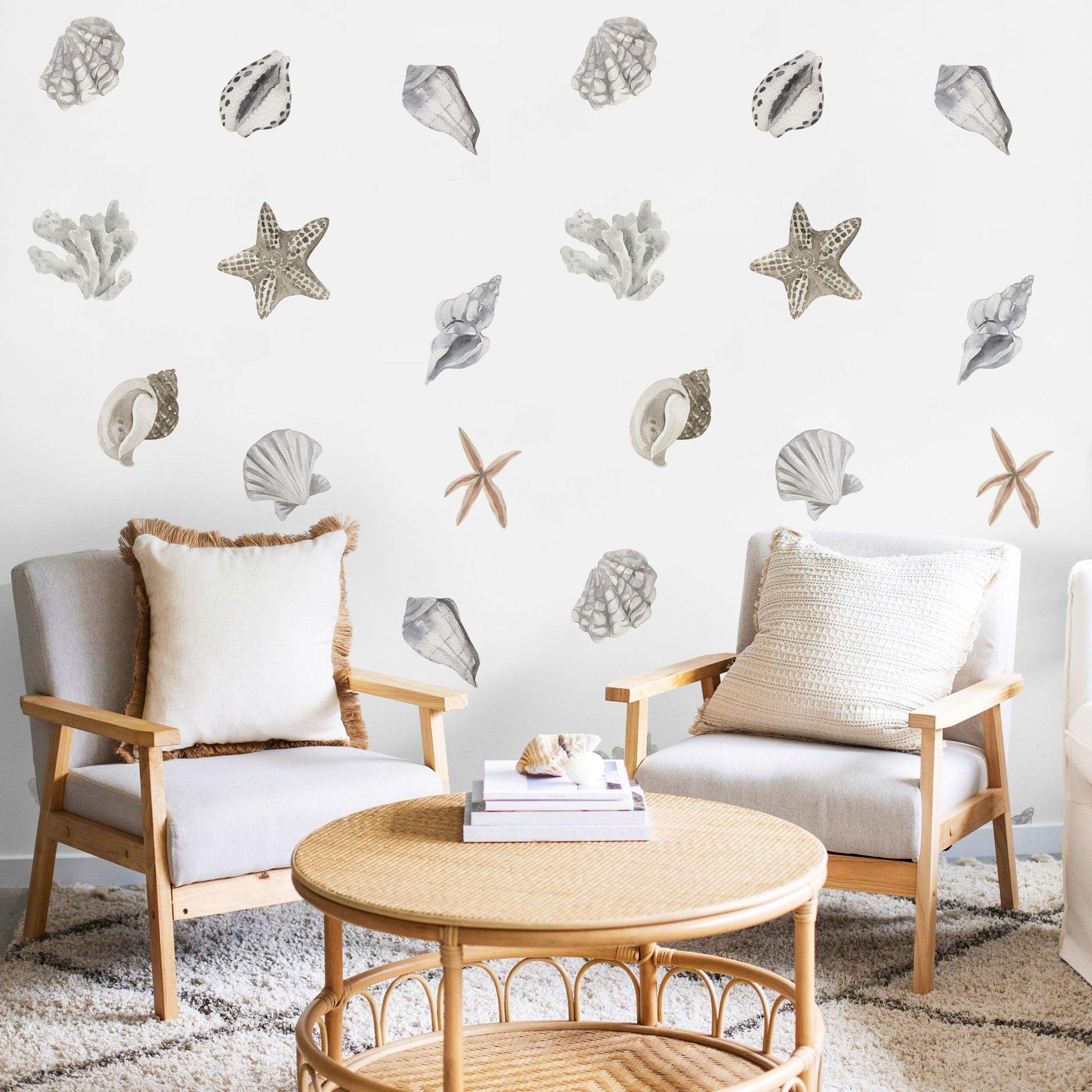Nautilus Wallpaper by Wall Blush SG02 in a stylish living room, coastal theme focus.