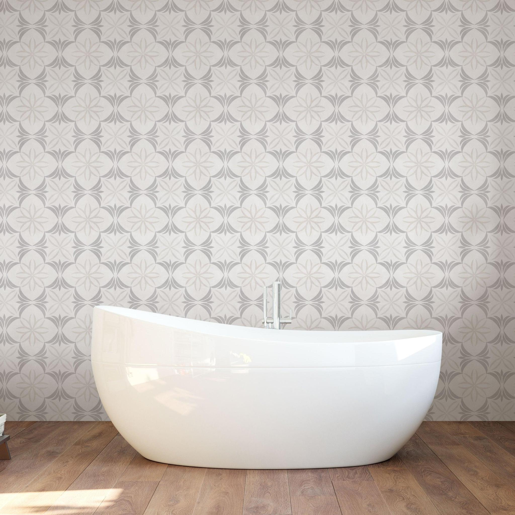 Navarro Wallpaper from The Tamra Judge Line featured in a modern bathroom setting, highlighting wall pattern and design.