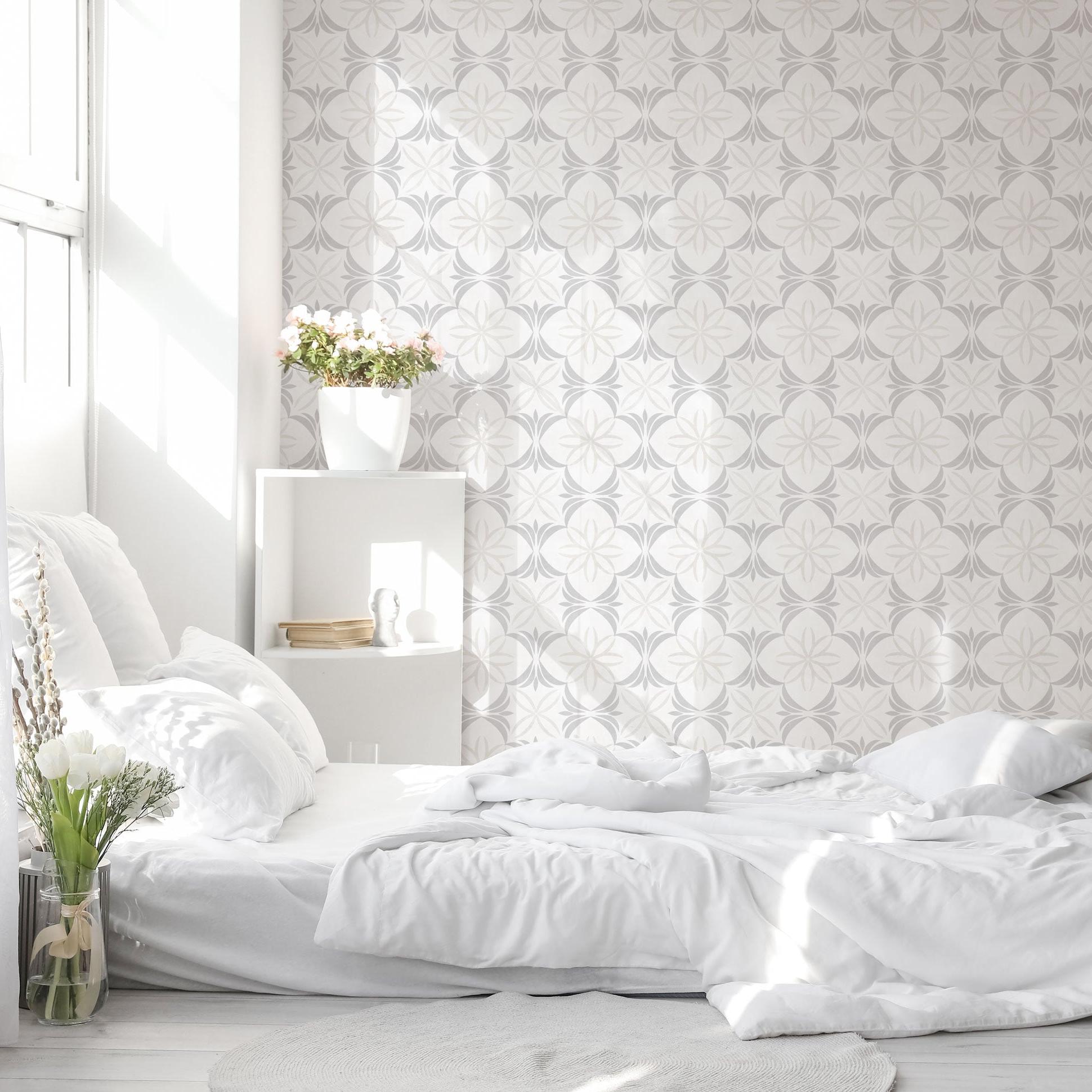 Navarro Wallpaper from The Tamra Judge Line featured in a serene bedroom setting, enhancing the room's aesthetic.