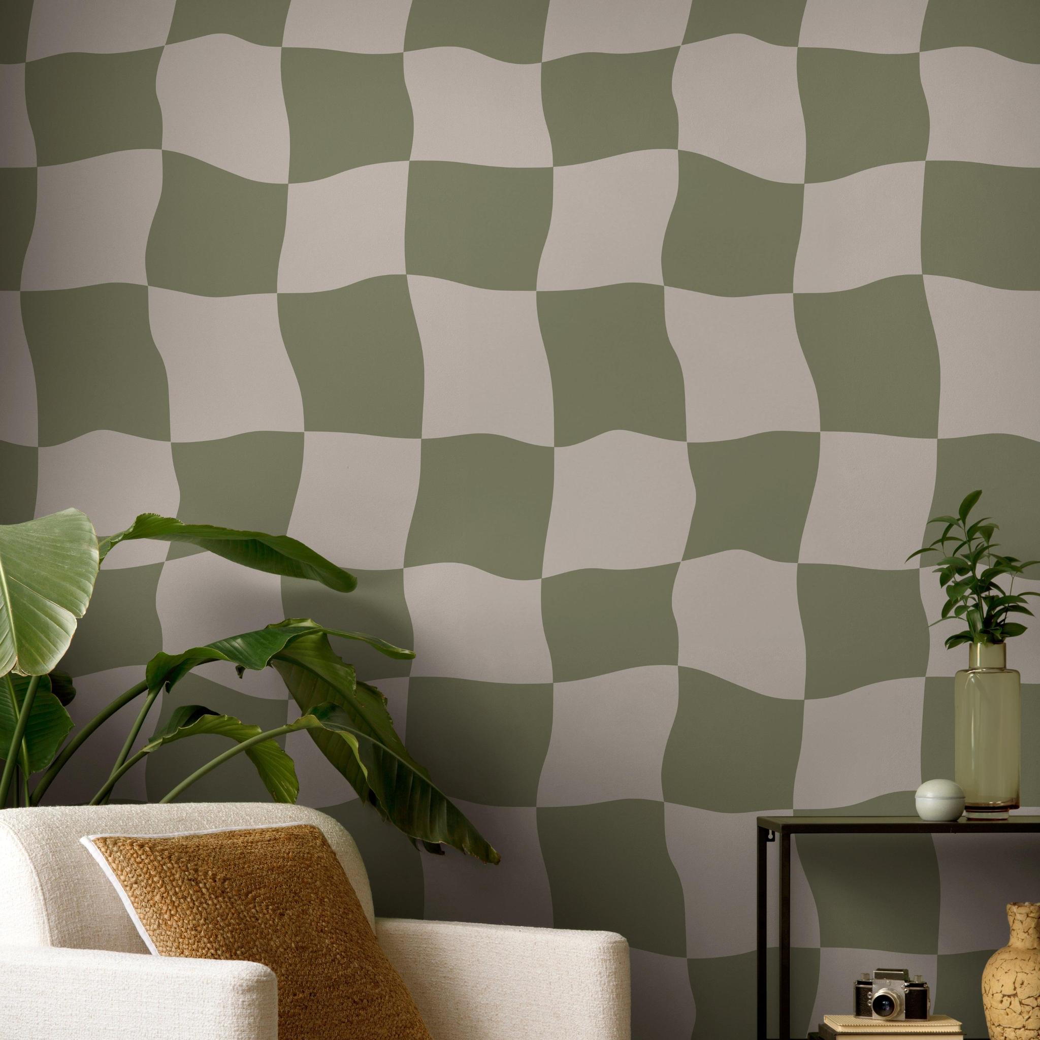 Nelly Wallpaper by Wall Blush SG02 in a modern living room showcasing geometric patterns as the focal point.
