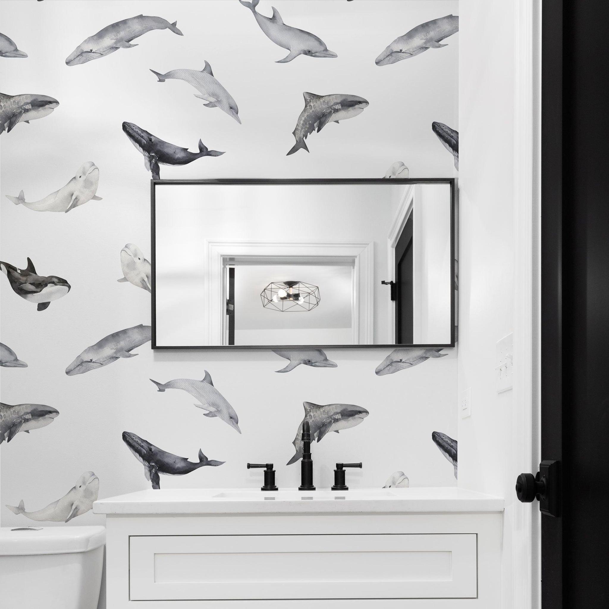 Modern bathroom featuring the Odyssey Wallpaper by Wall Blush SG02 with elegant whale design.