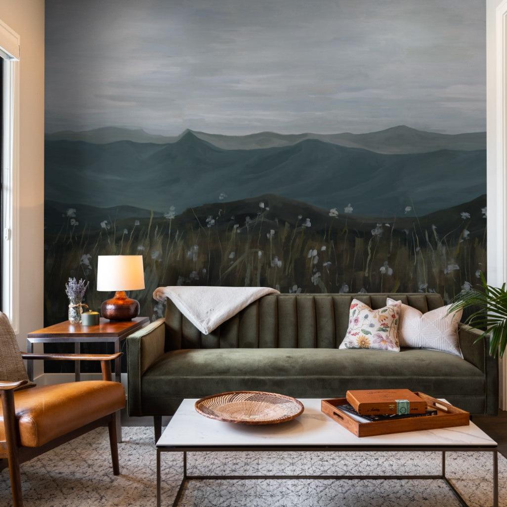 On the Horizon Wallpaper by The David Brazier Line in stylish living room, highlighted as the main feature.