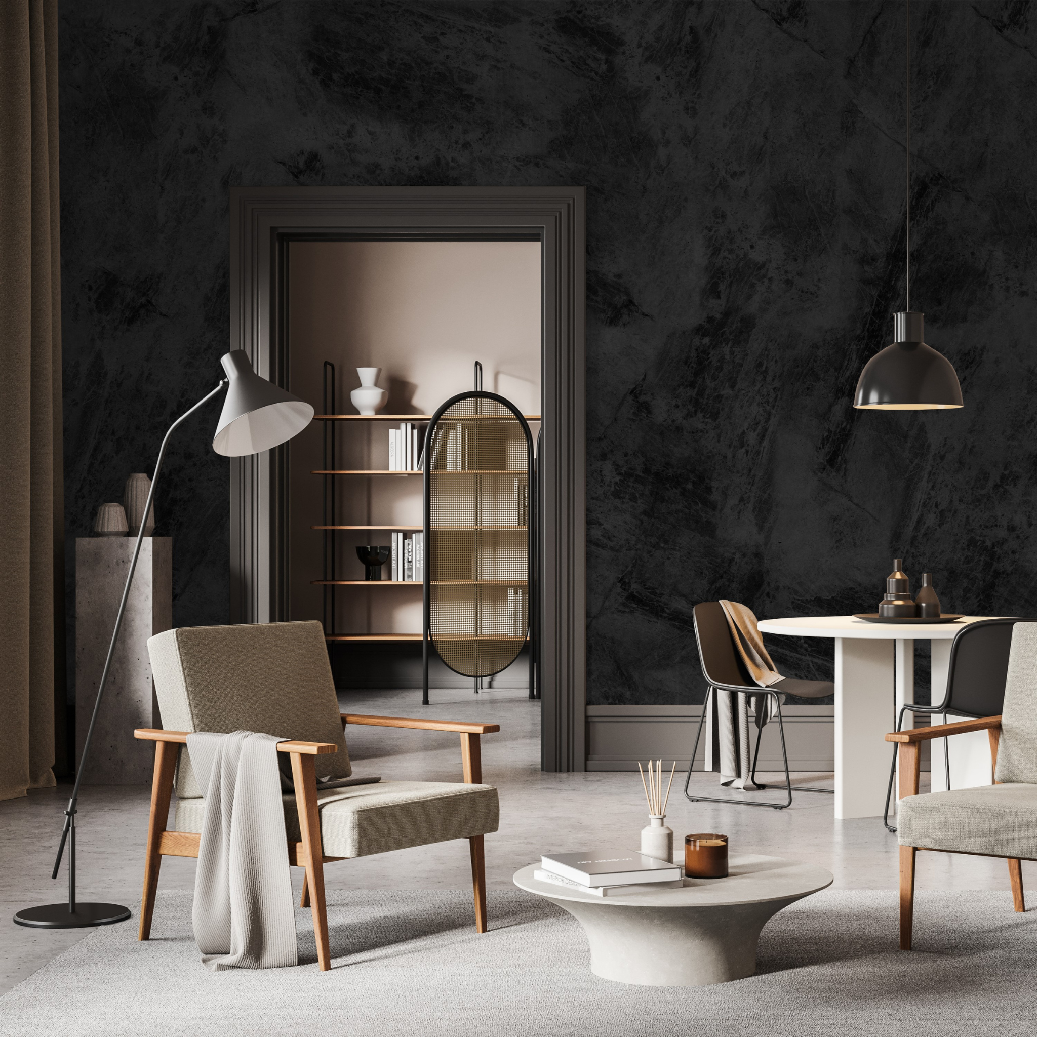 "Elegant ONYX Wallpaper by Wall Blush in a stylish living room with modern furniture and decor."