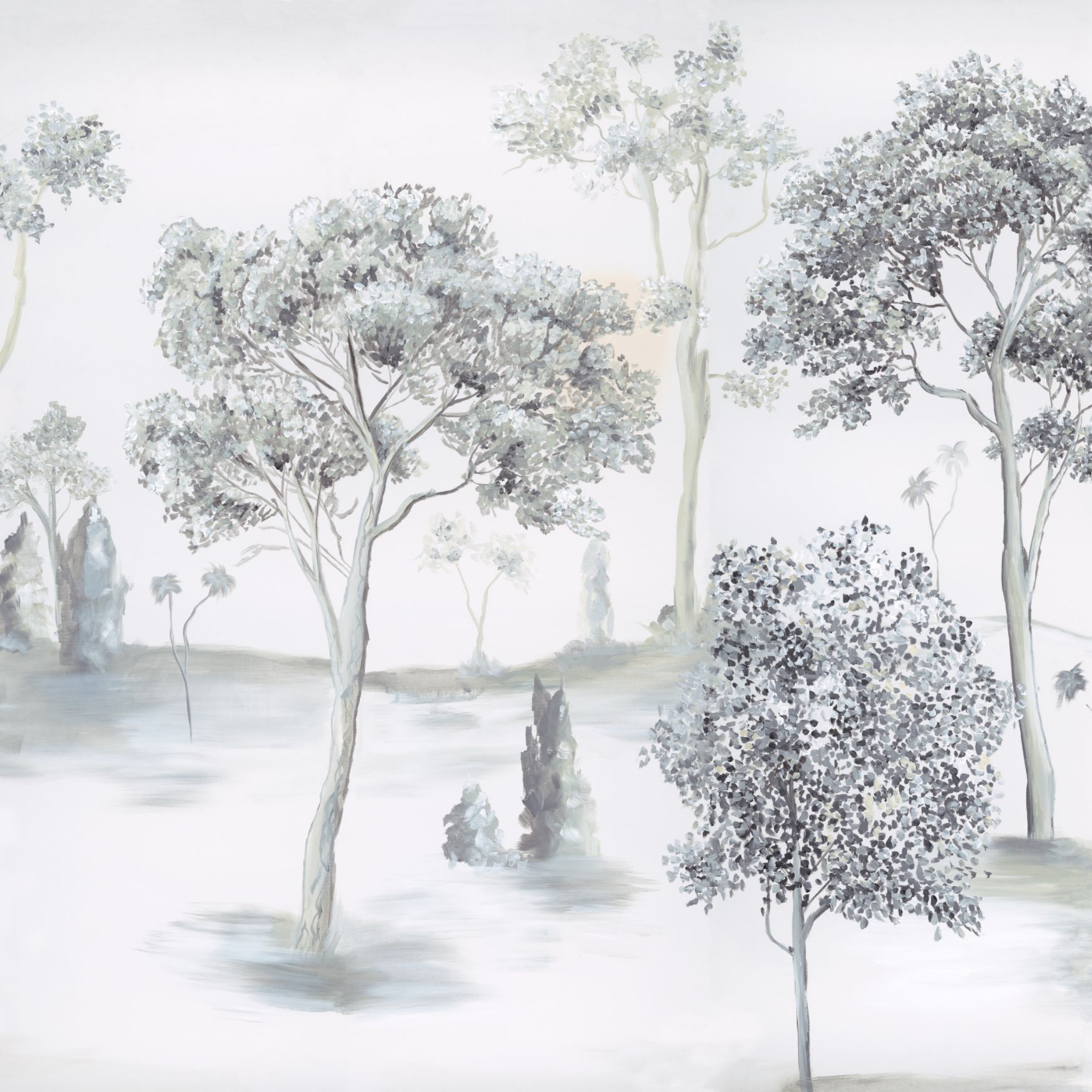 "Otilia Wallpaper by Wall Blush featuring elegant tree design in a serene living room setting, highlighting the paper's detail and texture."