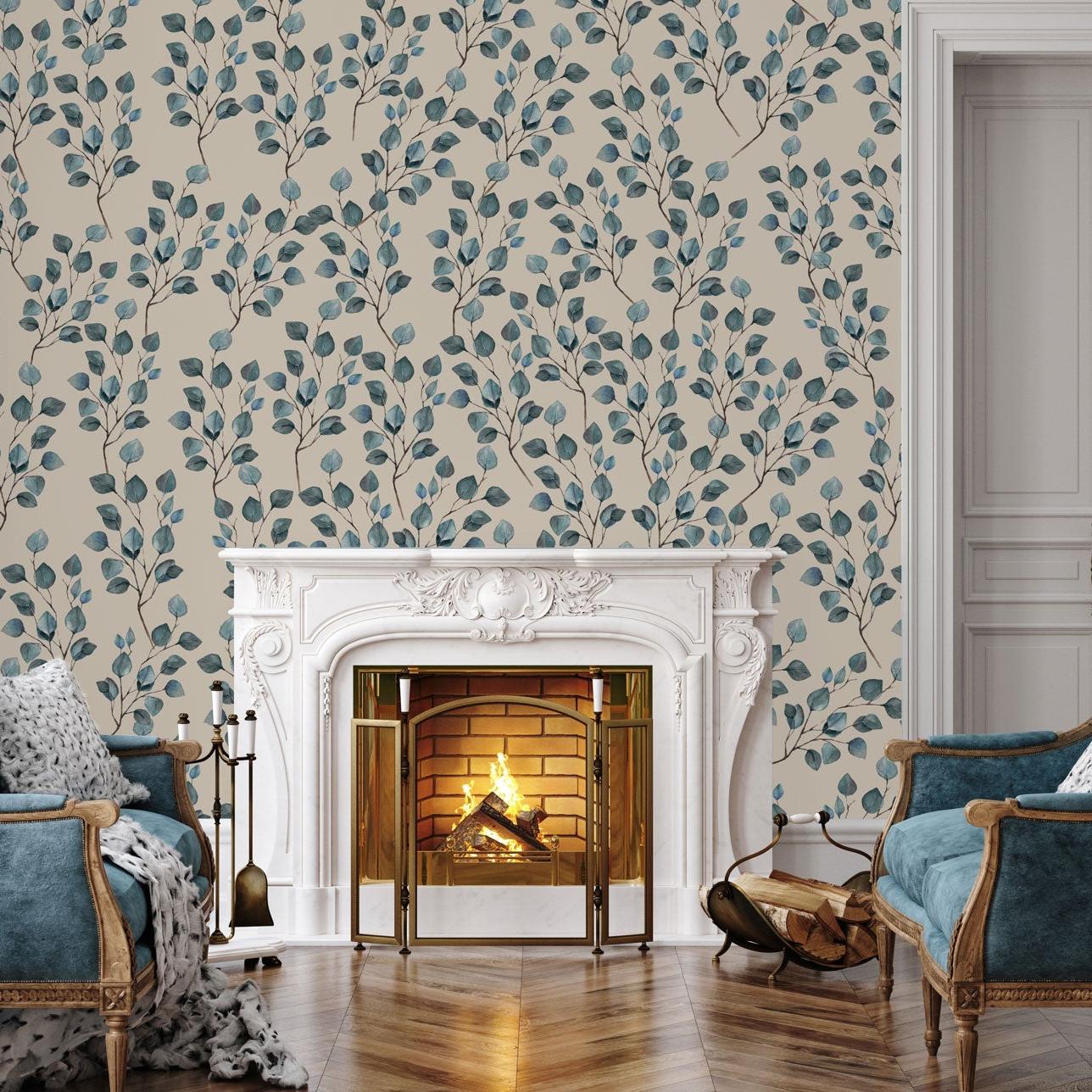 Paisley & Stone Wallpaper by Wall Blush in a cozy living room with a fireplace, highlighting elegant wall decor.