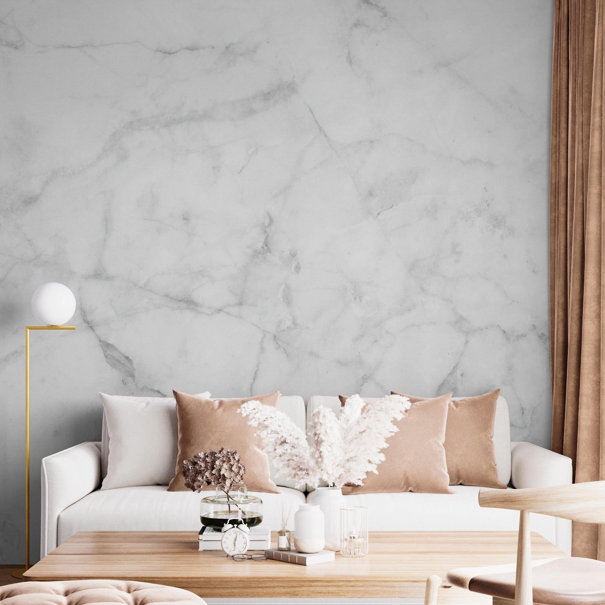 Modern living room showcasing Petra Wallpaper by Wall Blush SG02, elegant marble design focus.