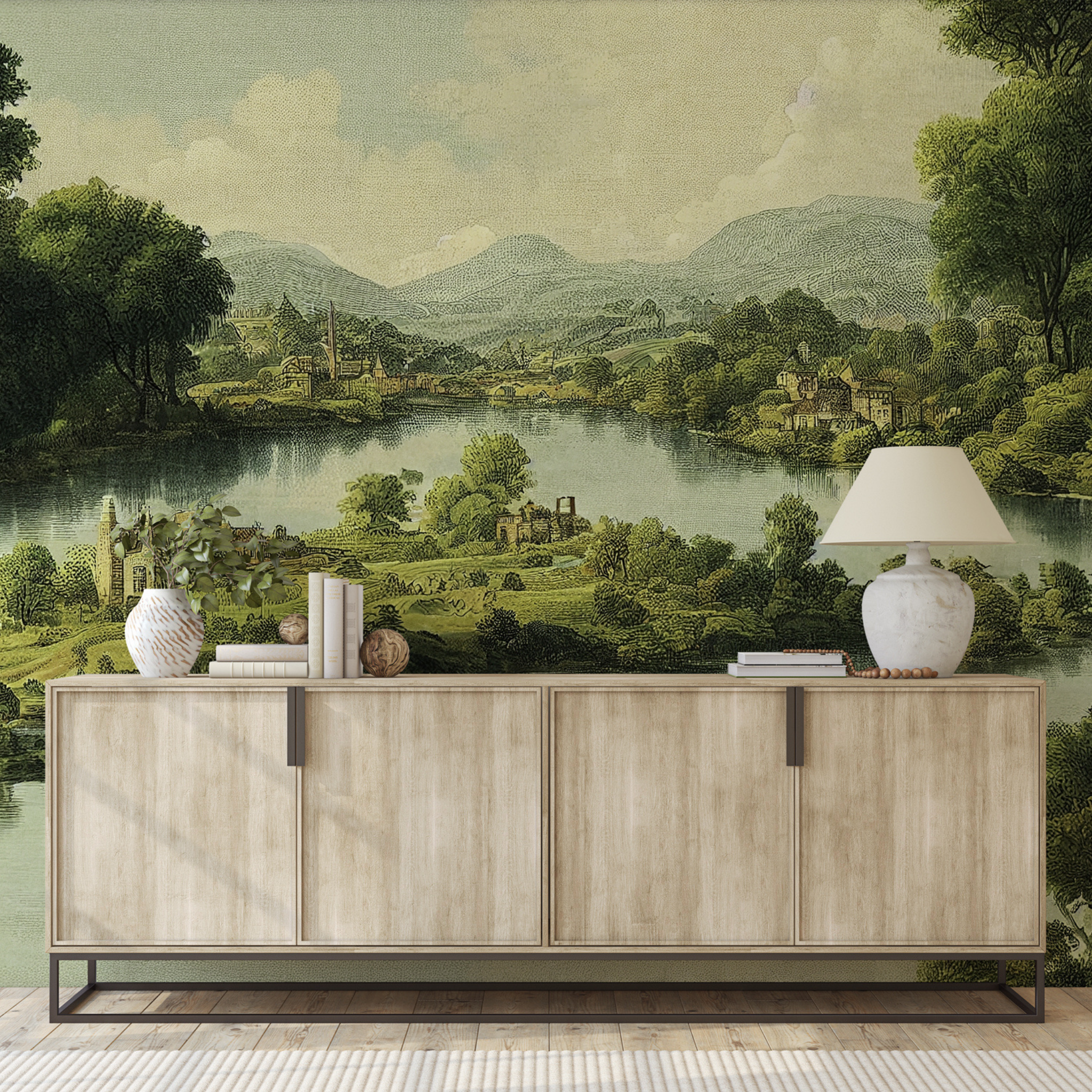 Alt text: "Elegant Piedmont Wallpaper by Wall Blush with pastoral landscape design in a modern living room, highlighting décor and furniture."