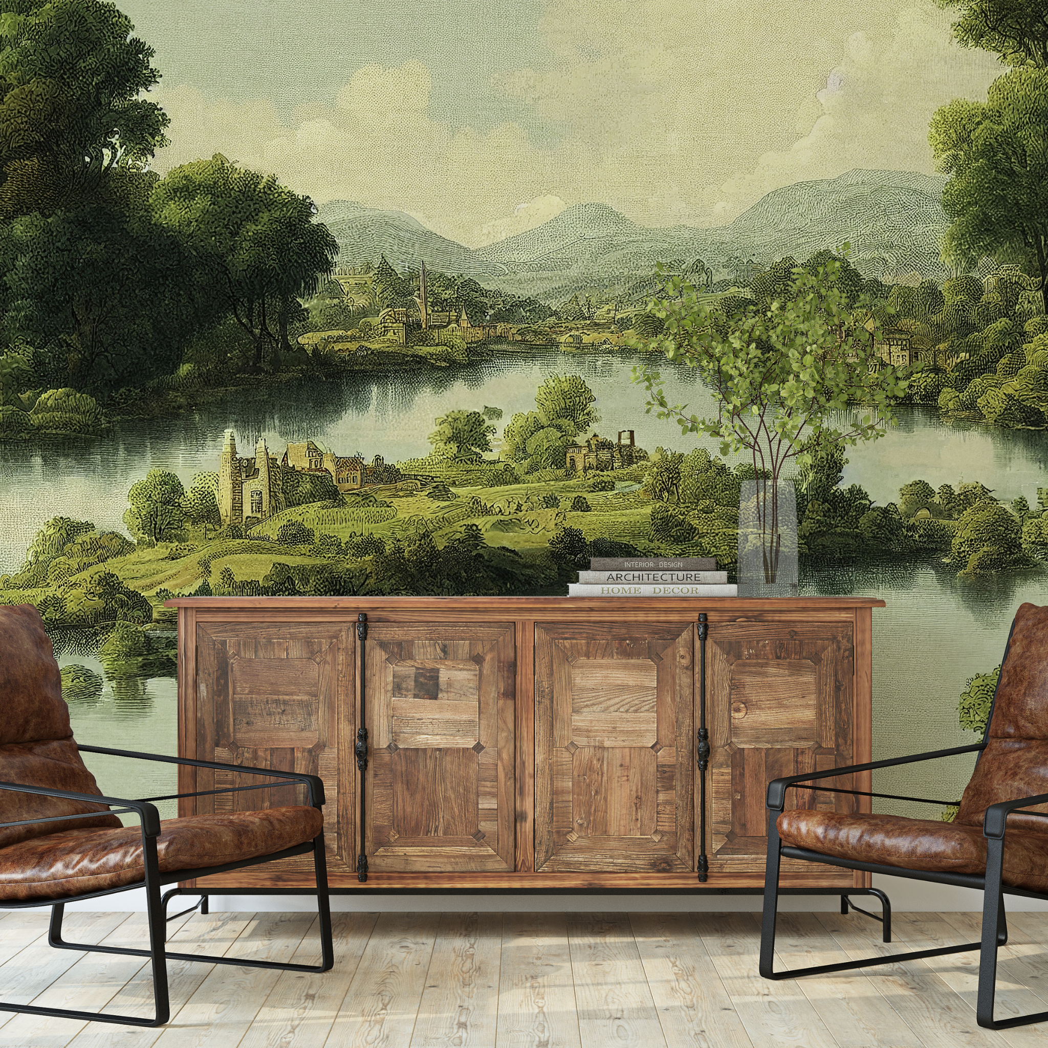 Alt: "Wall Blush Piedmont Wallpaper in a cozy living room, showcasing a rustic scenic design as the main focal point."