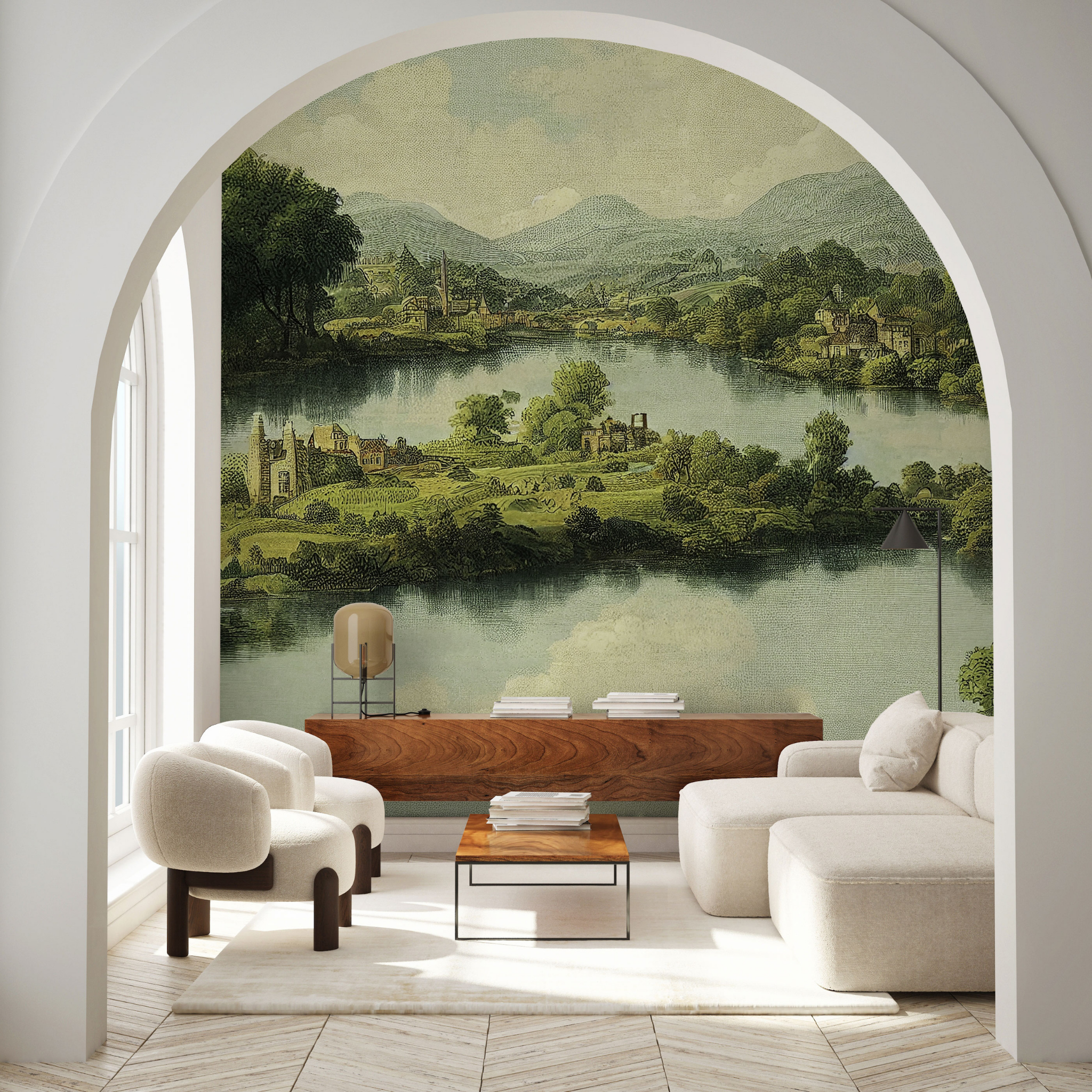 "Piedmont Wallpaper by Wall Blush installed in a modern living room, showcasing serene landscape design as focal point."