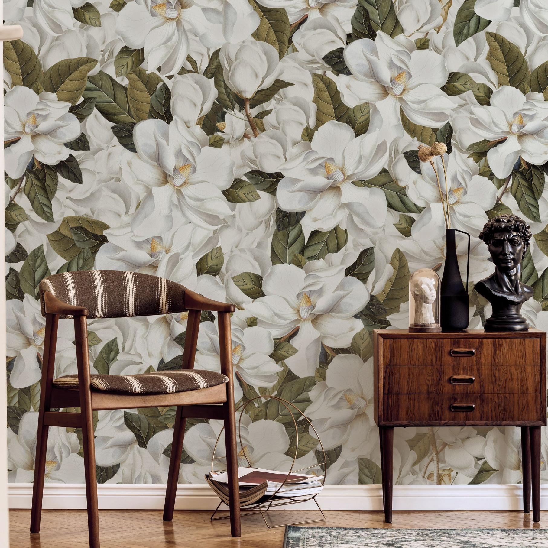 Pierre (Off White) Wallpaper by Wall Blush SG02 elegantly displayed in a vintage living room setting.
